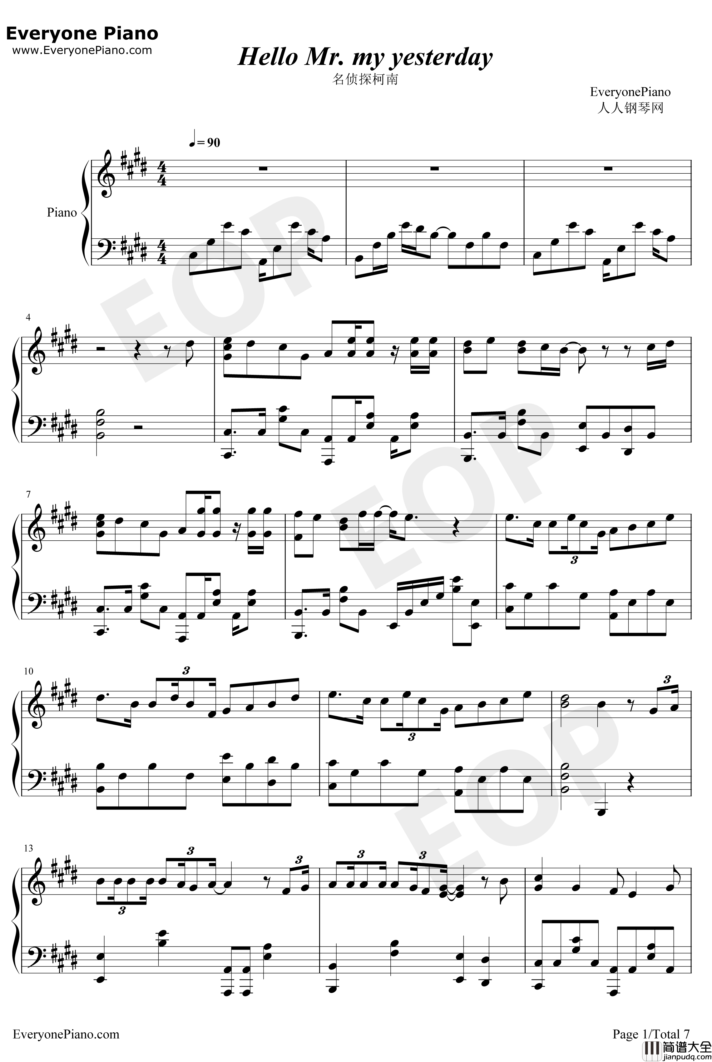 Hello_Mr_my_yesterday钢琴谱_HundredPercentFree_名侦探柯南ED35