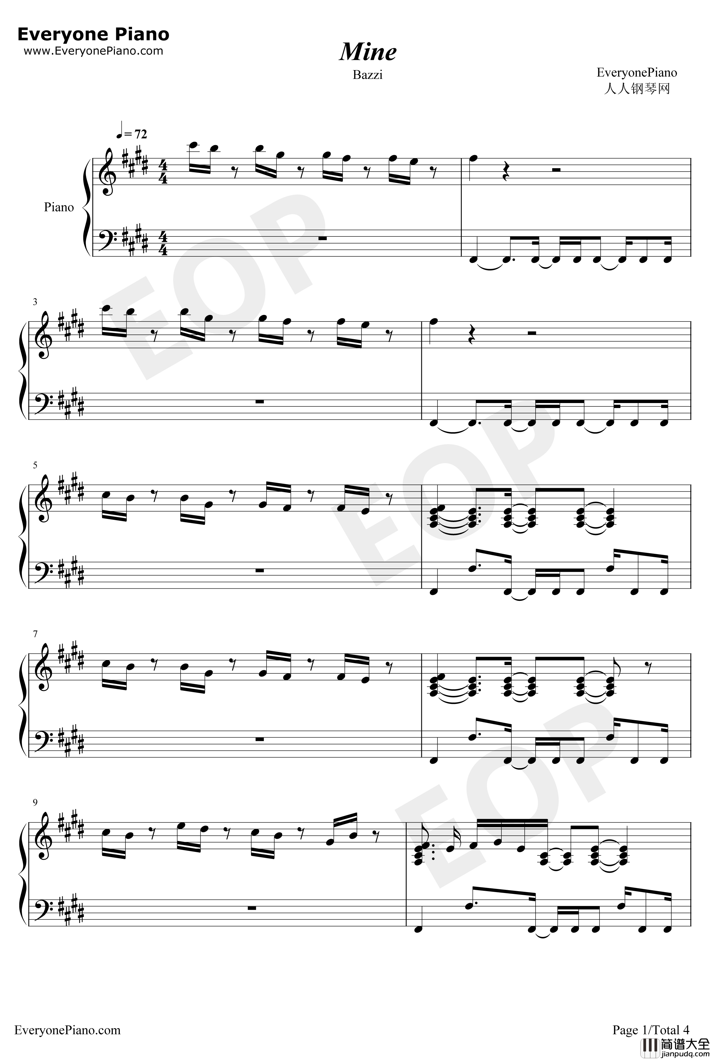 Mine钢琴谱_Bazzi