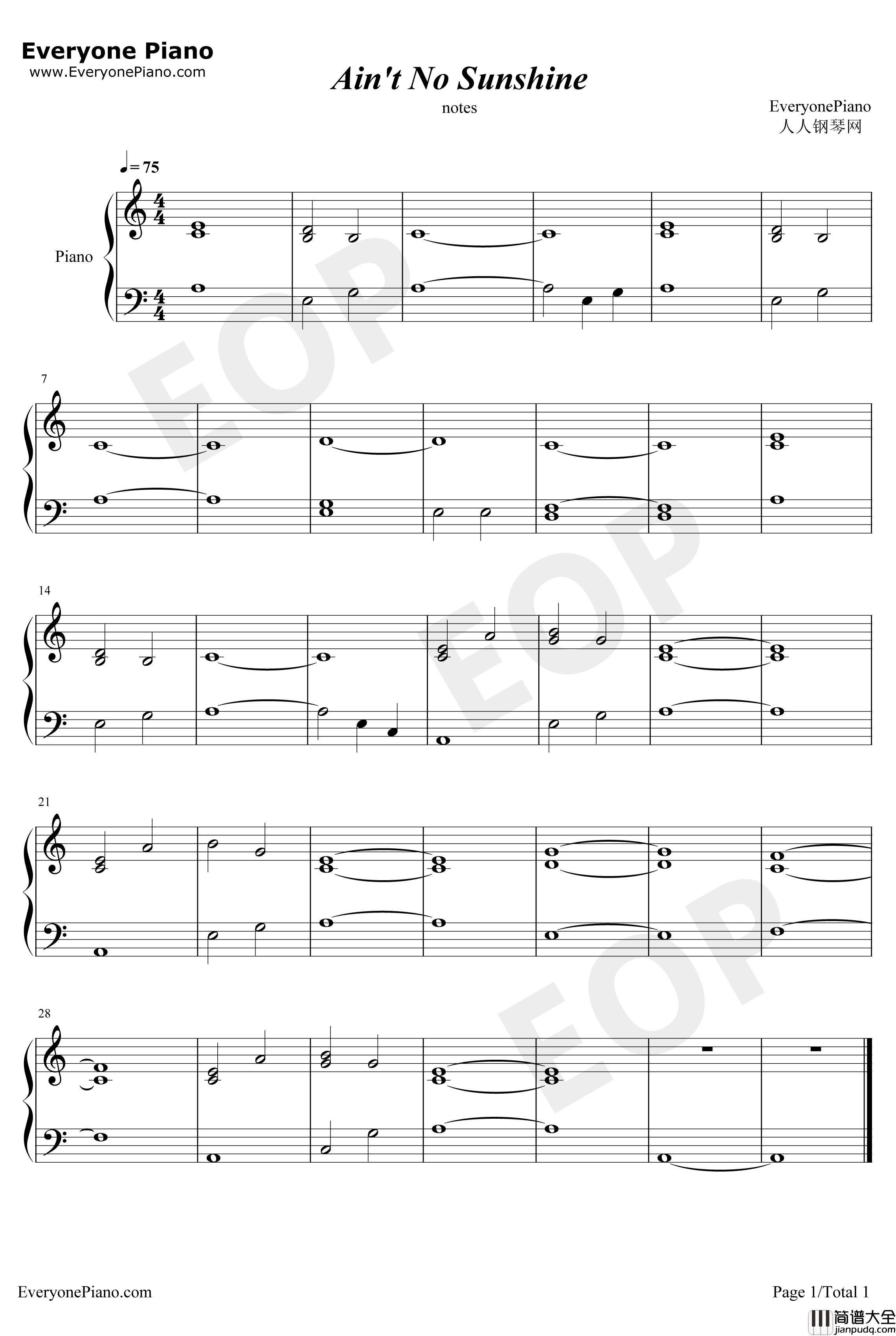 AintNoSunshine钢琴谱_BillWithers_伴奏谱