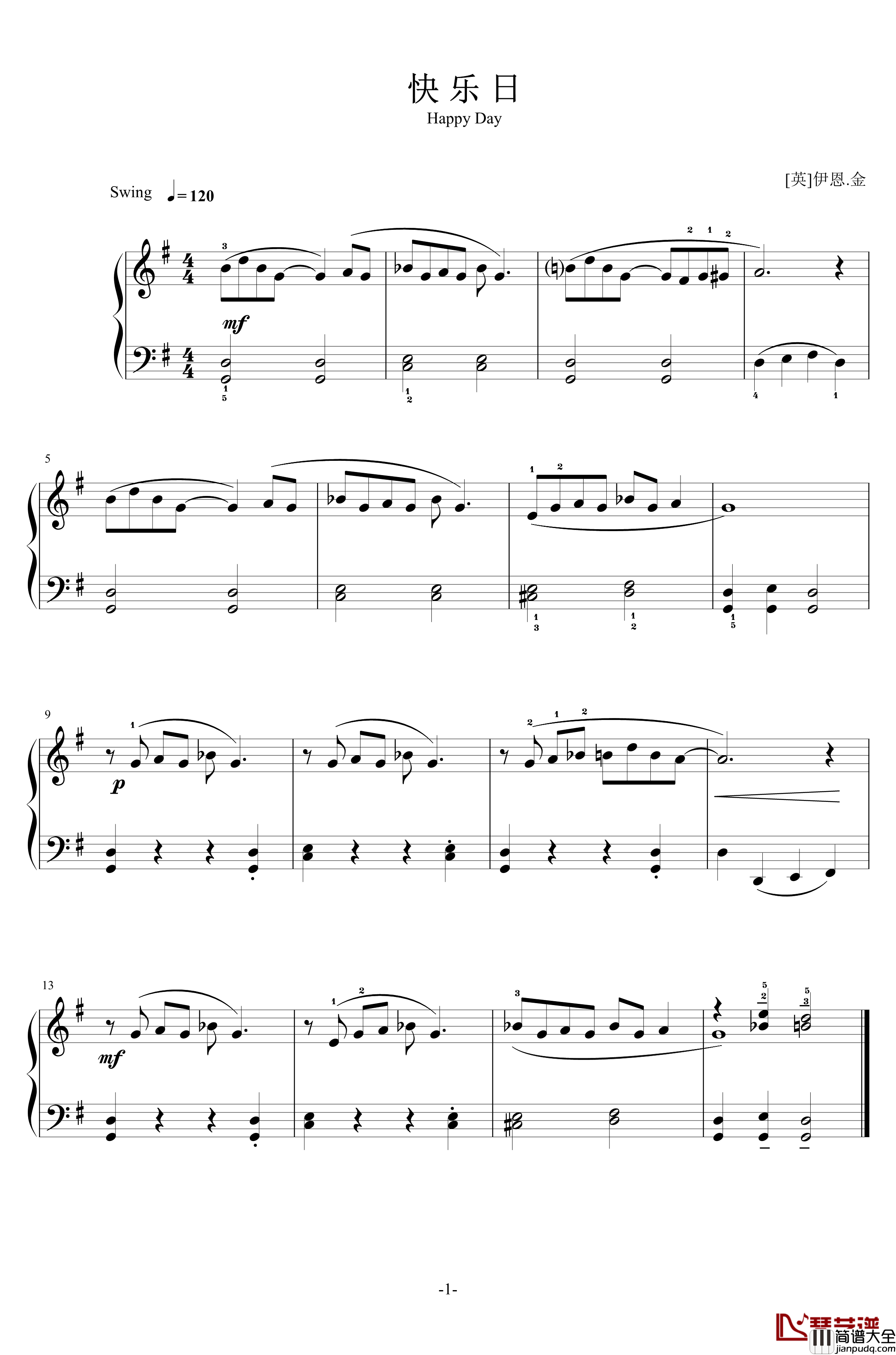 快乐日钢琴谱_伊恩.金