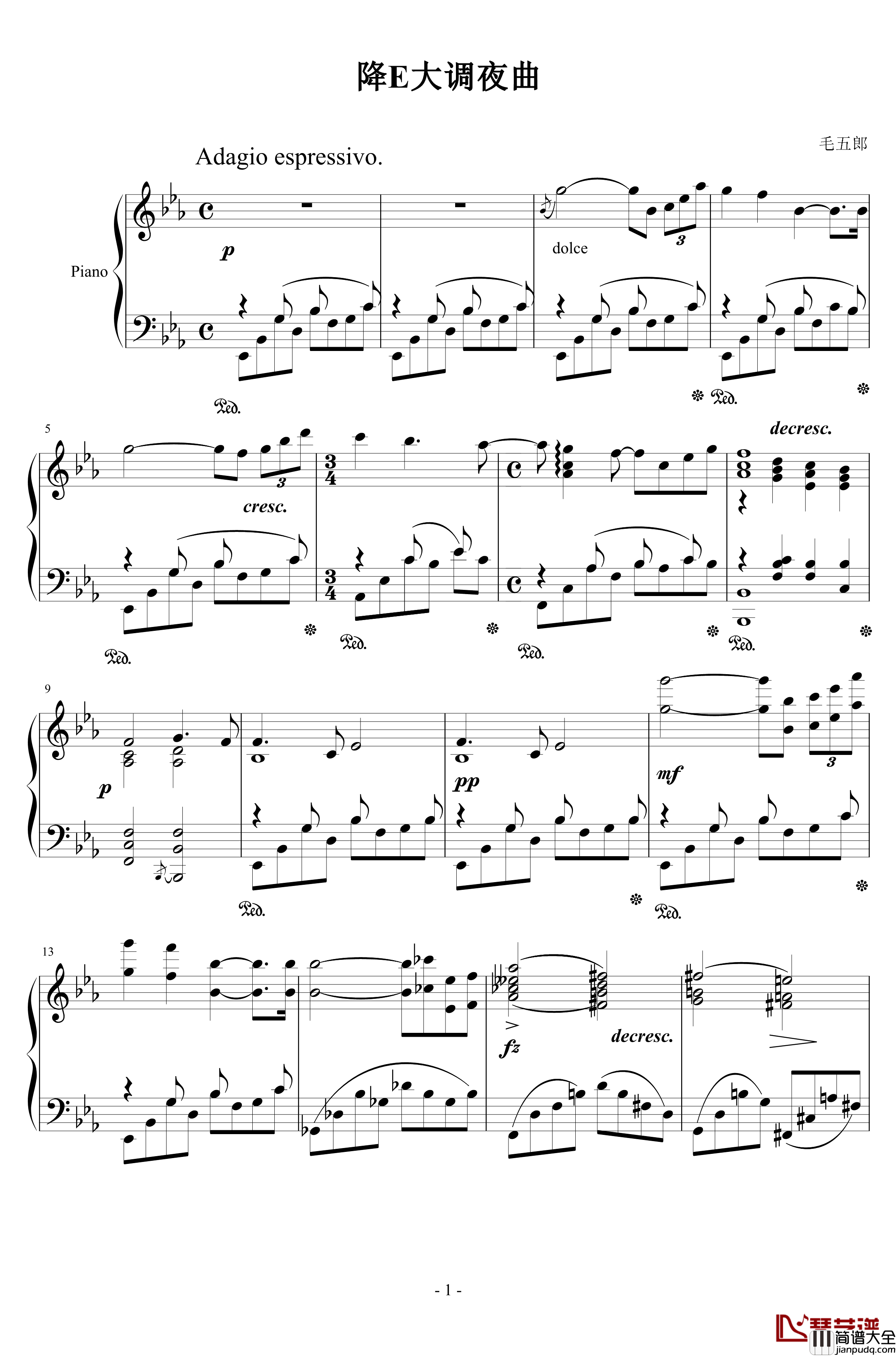 降E大调夜曲钢琴谱_毛五郎