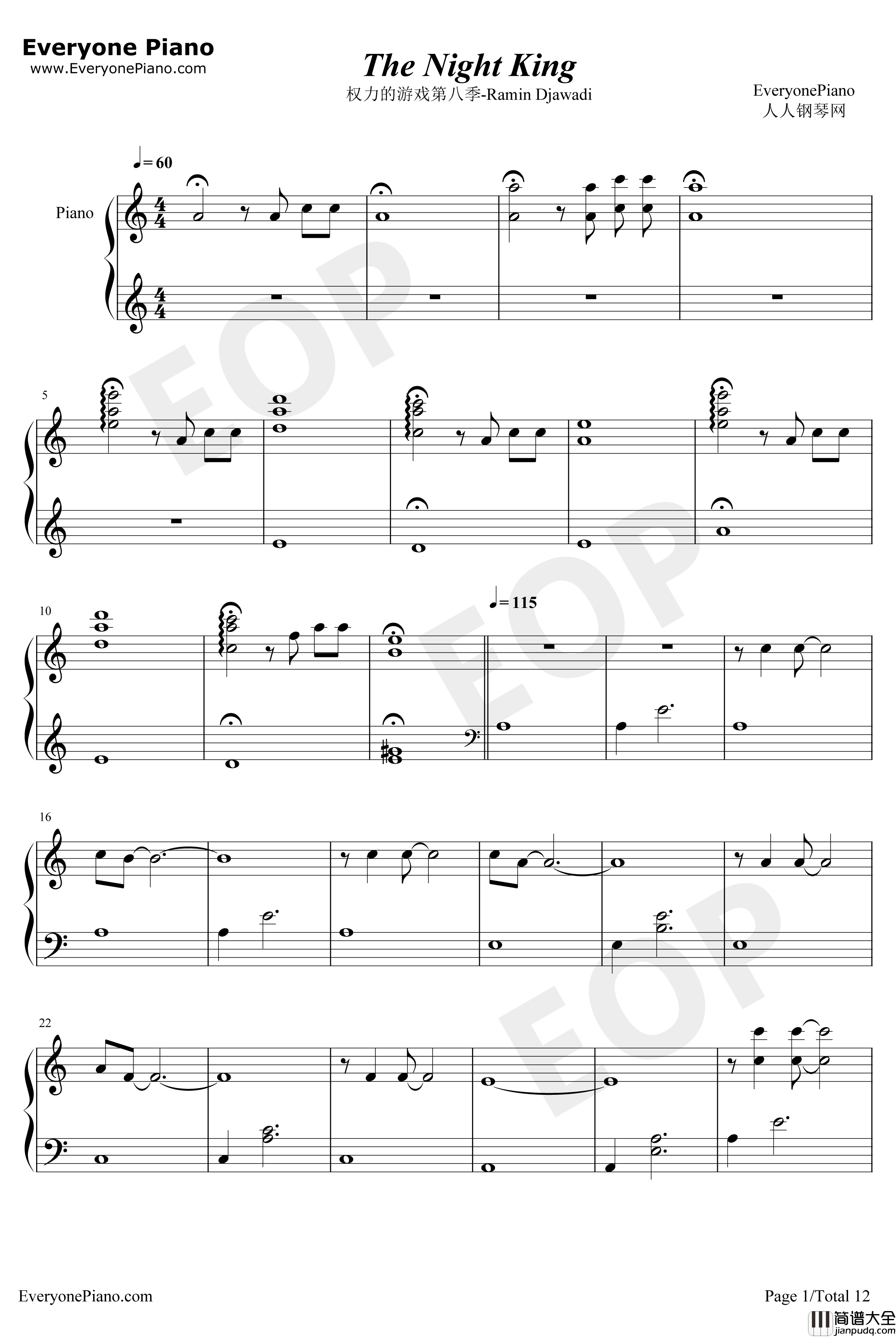 The_Night_King钢琴谱_RaminDjawadi_权力的游戏第八季OST