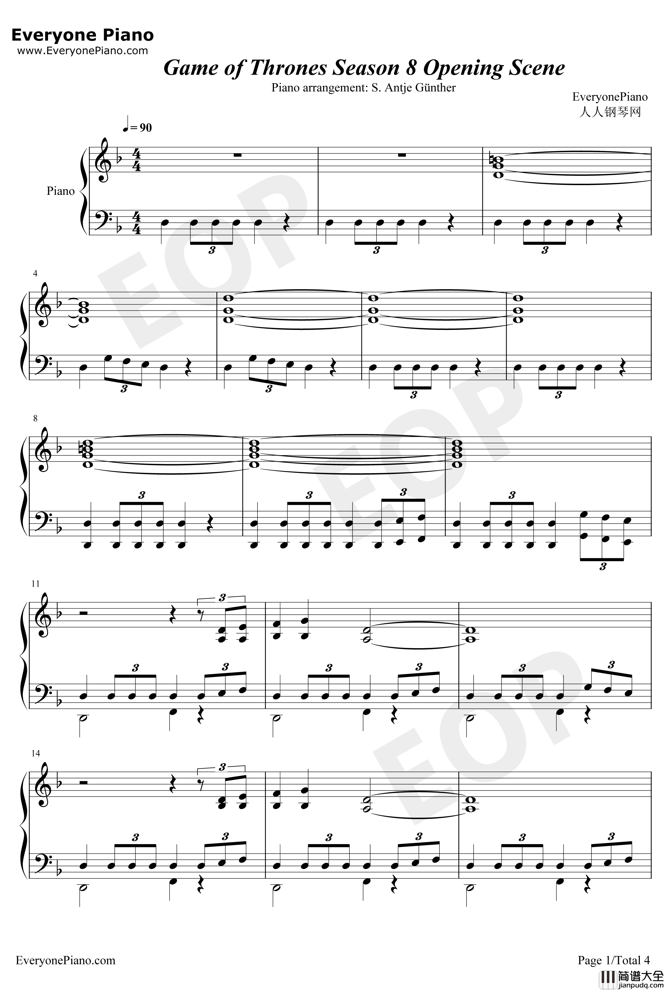 权力的游戏第八季钢琴谱_RaminDjawadi_开场曲