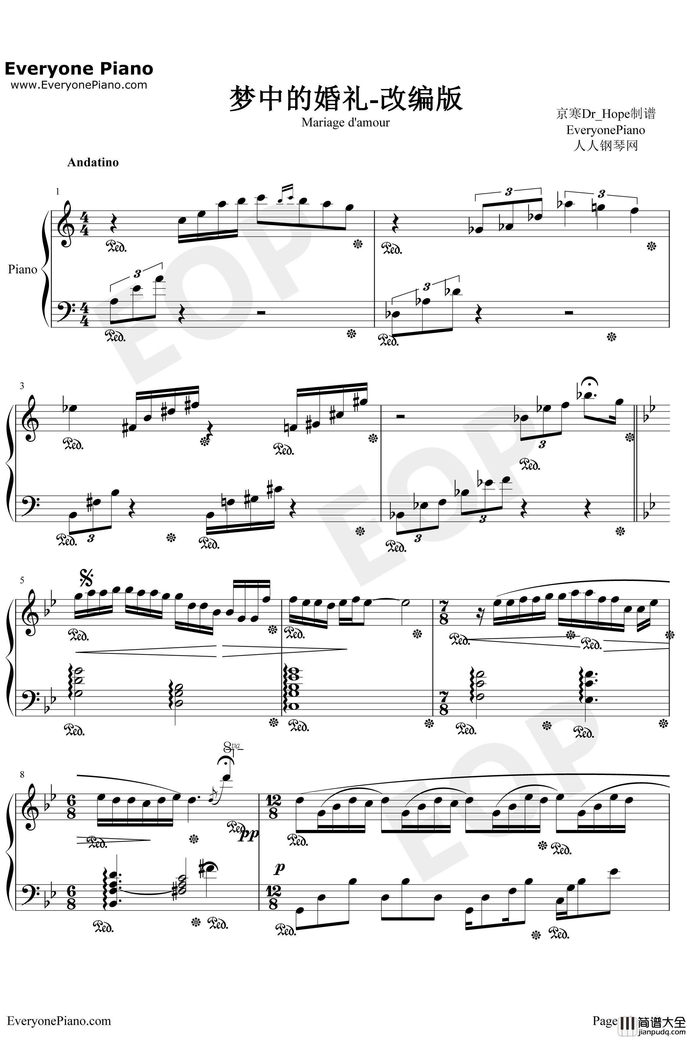 梦中的婚礼钢琴谱_理查德·克莱德曼_现代改编版带爵士风