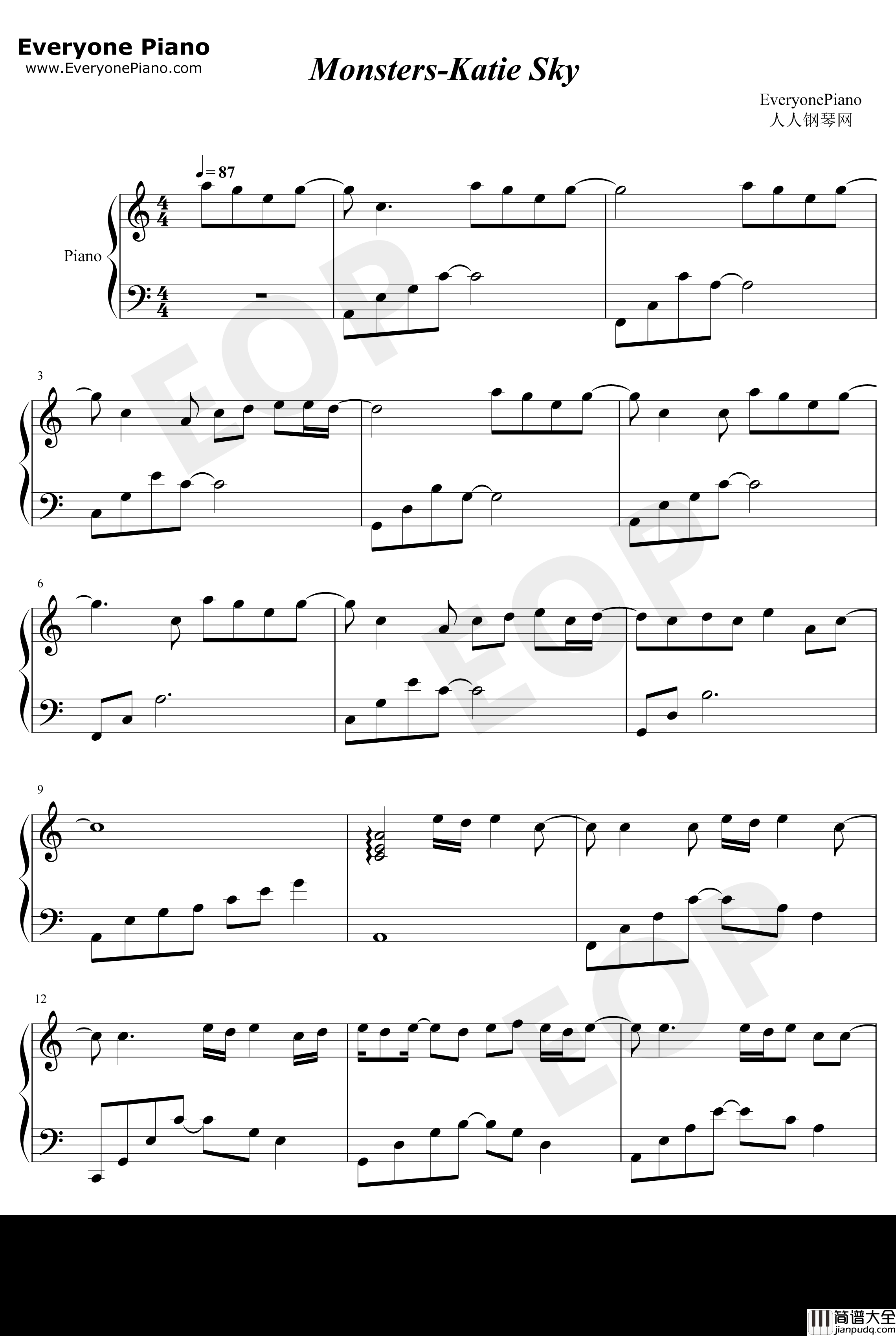 Monsters钢琴谱_KatieSky_抖音热歌_爱你不止三千遍