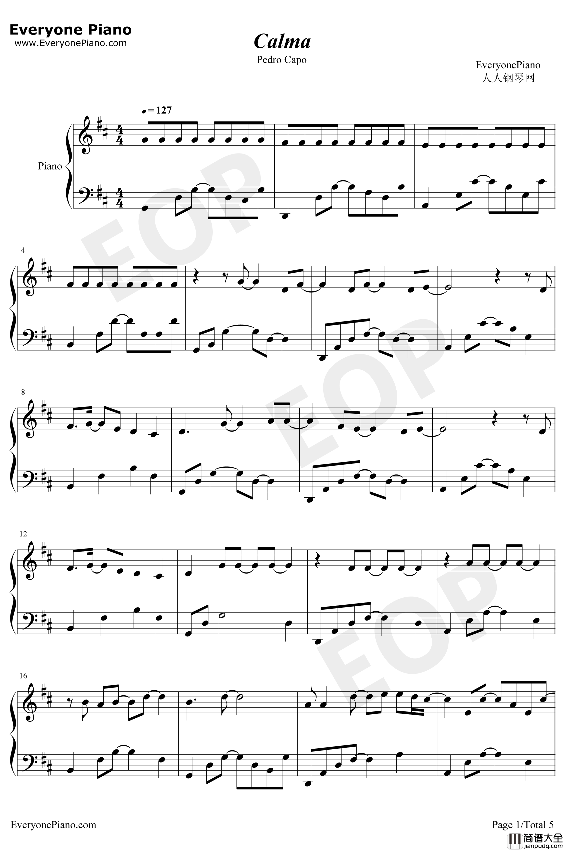 Calma钢琴谱_PedroCapo_PedroCapo