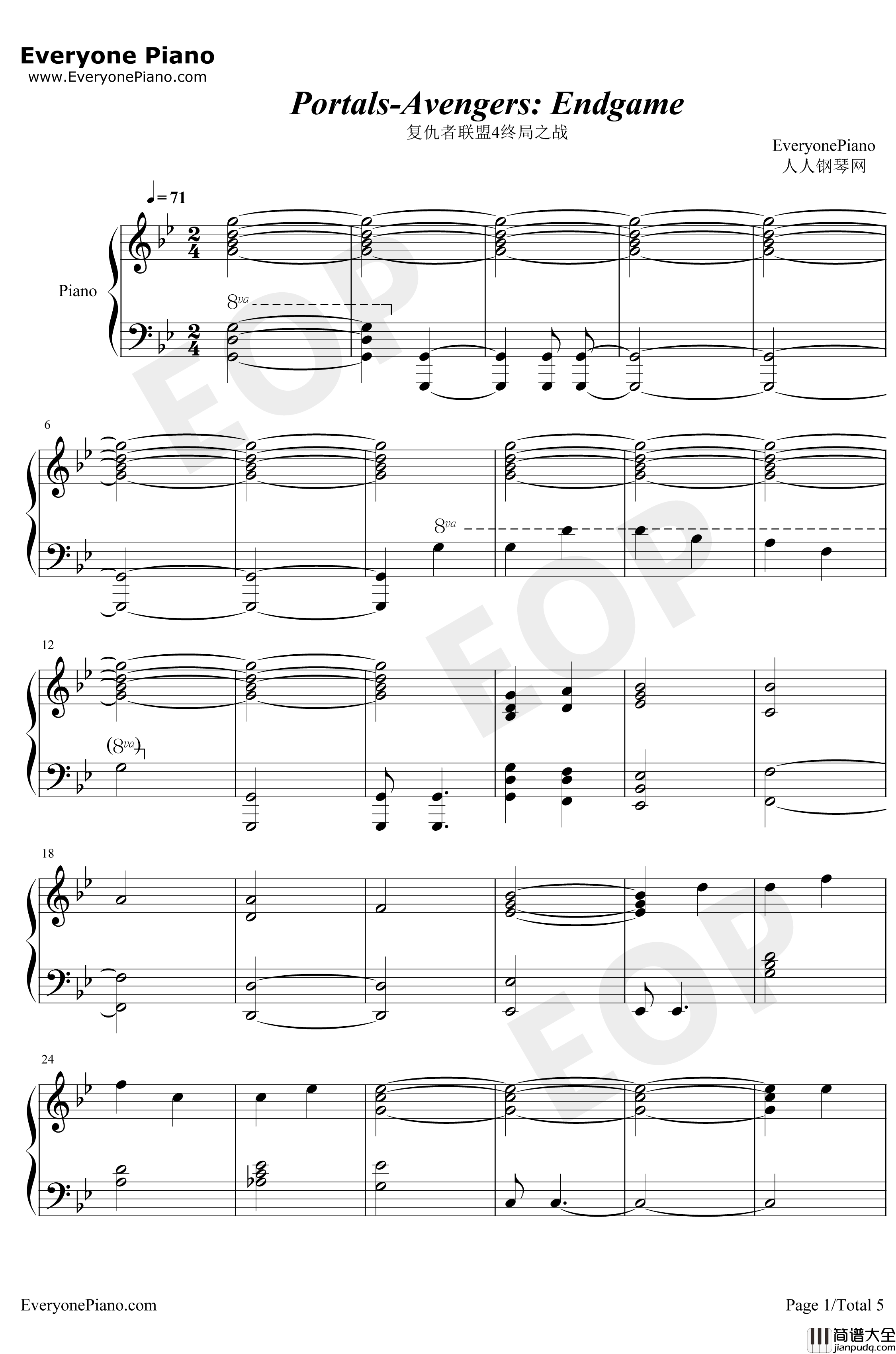 Portals钢琴谱_AlanSilvestri_复仇者联盟4终局之战OST