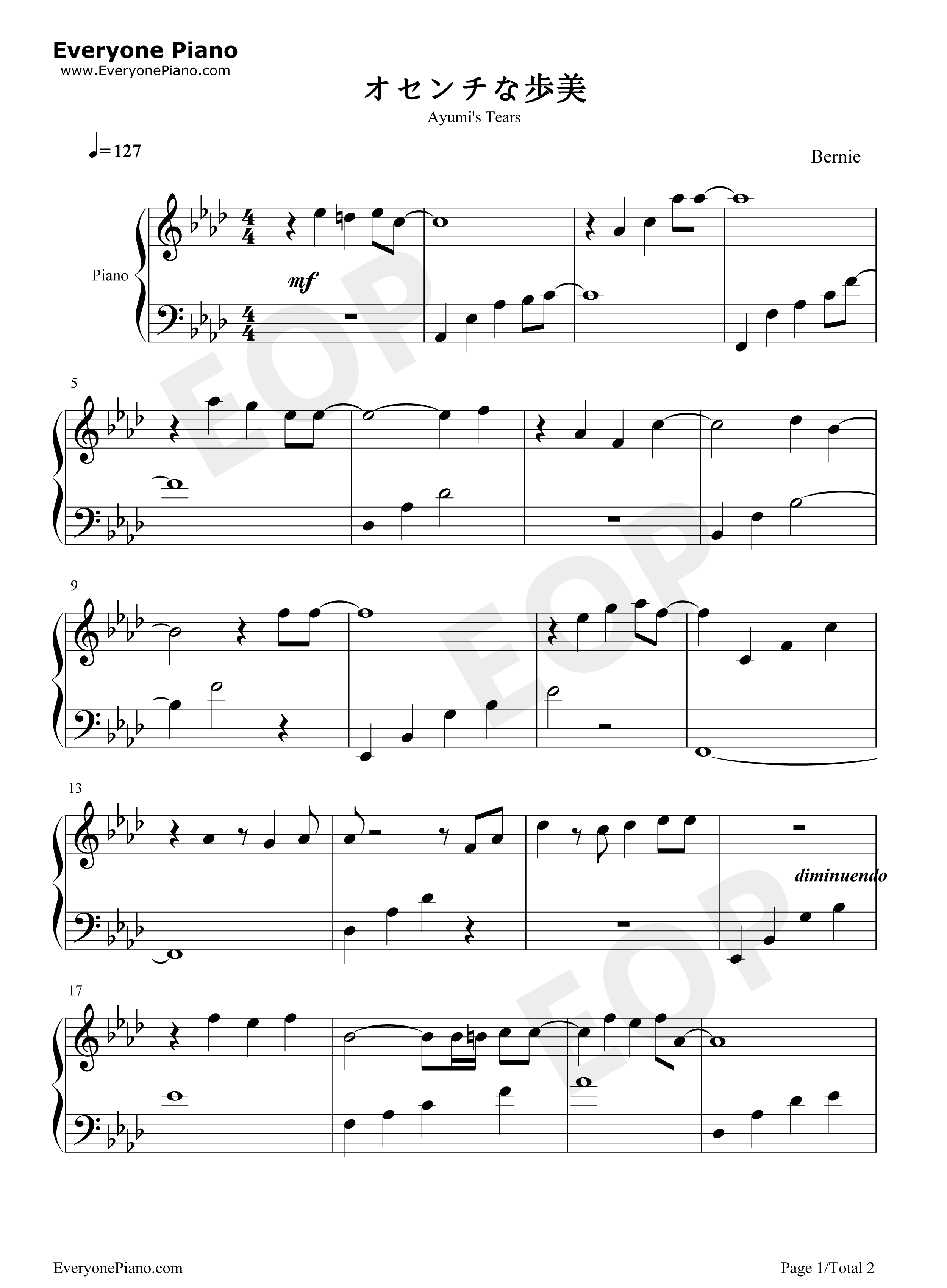 忧伤的步美钢琴谱_大野克夫