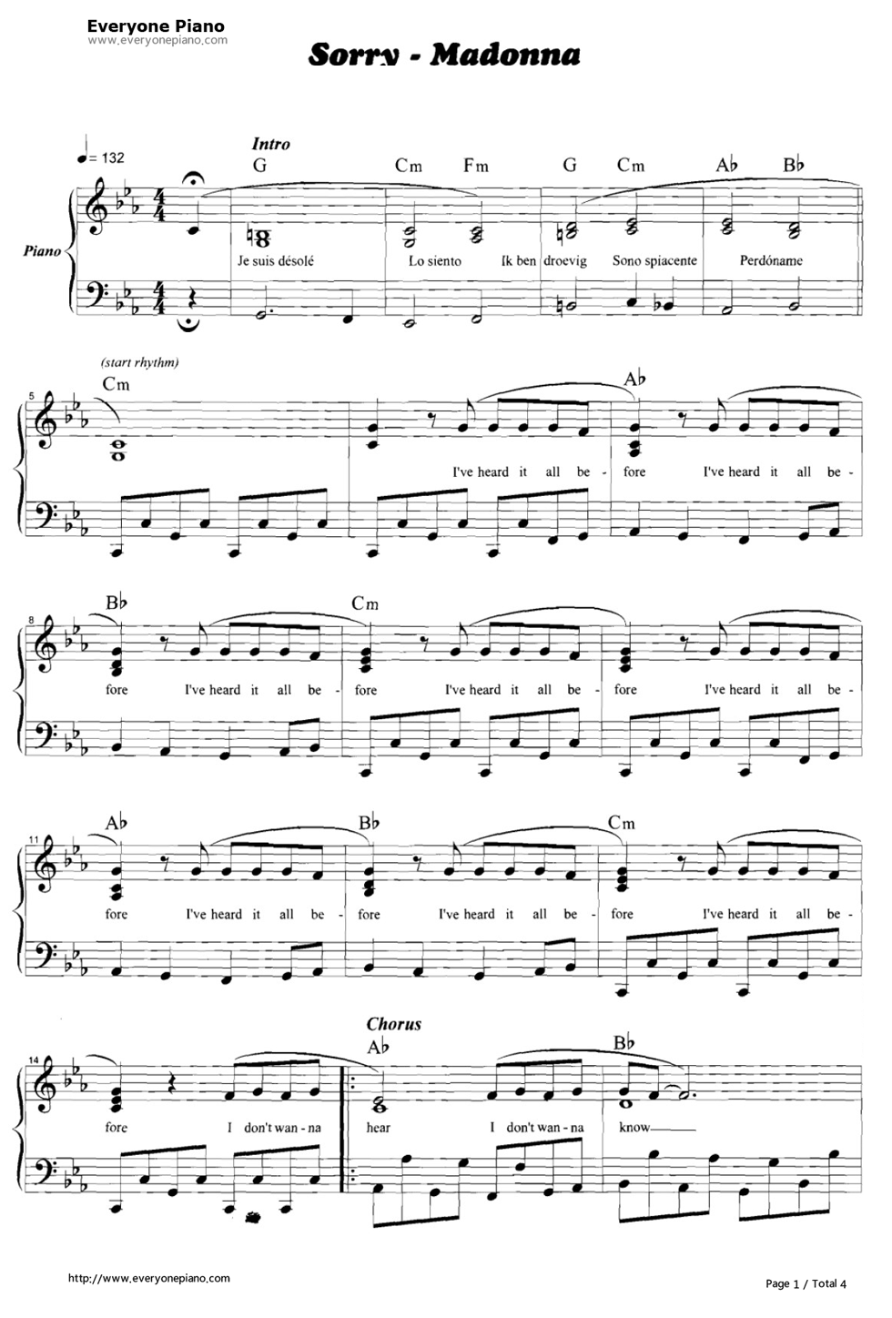 Sorry钢琴谱_麦当娜