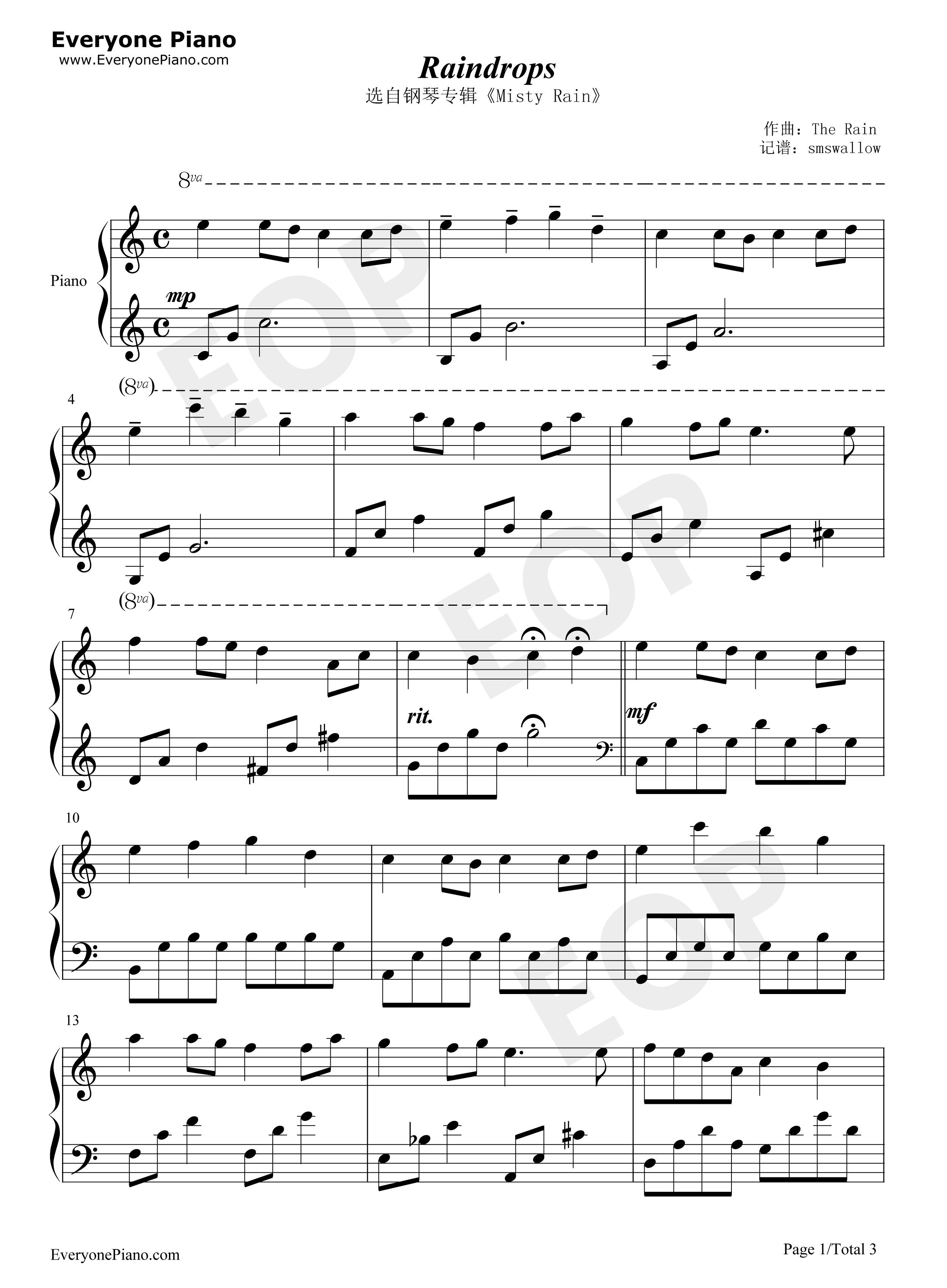 Raindrops钢琴谱_The_Rain