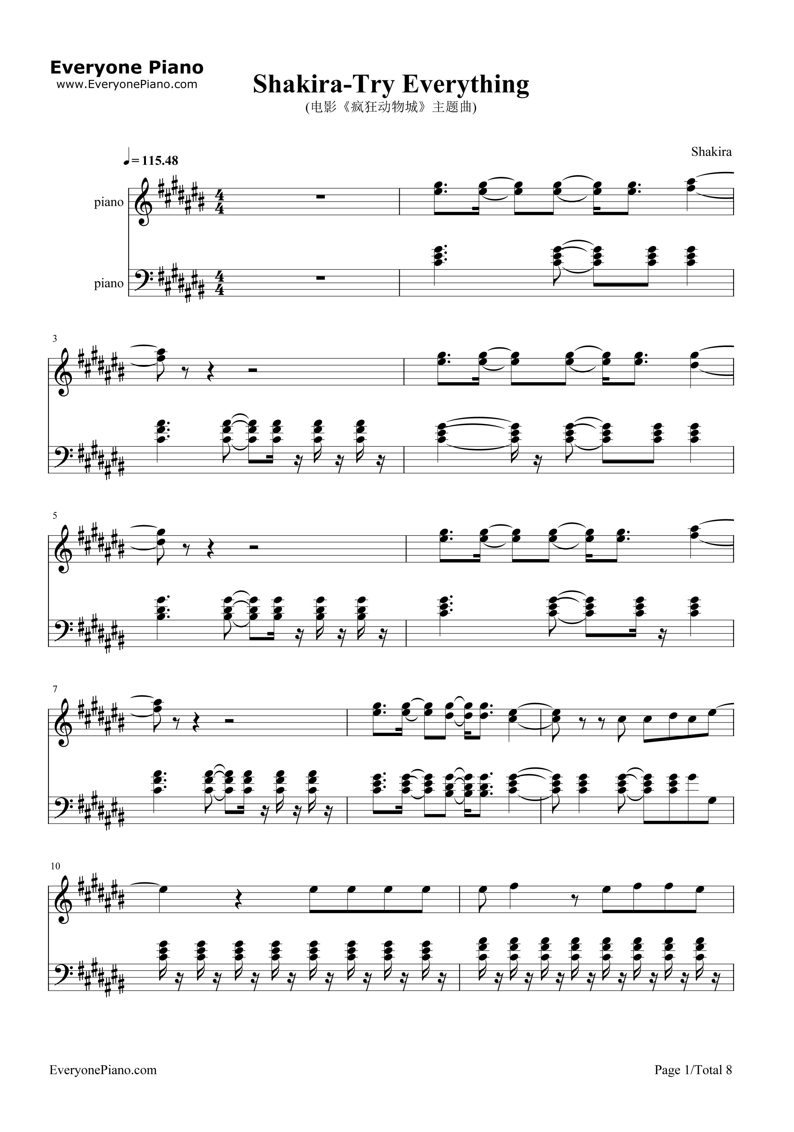 Try_Everything钢琴谱_Shakira
