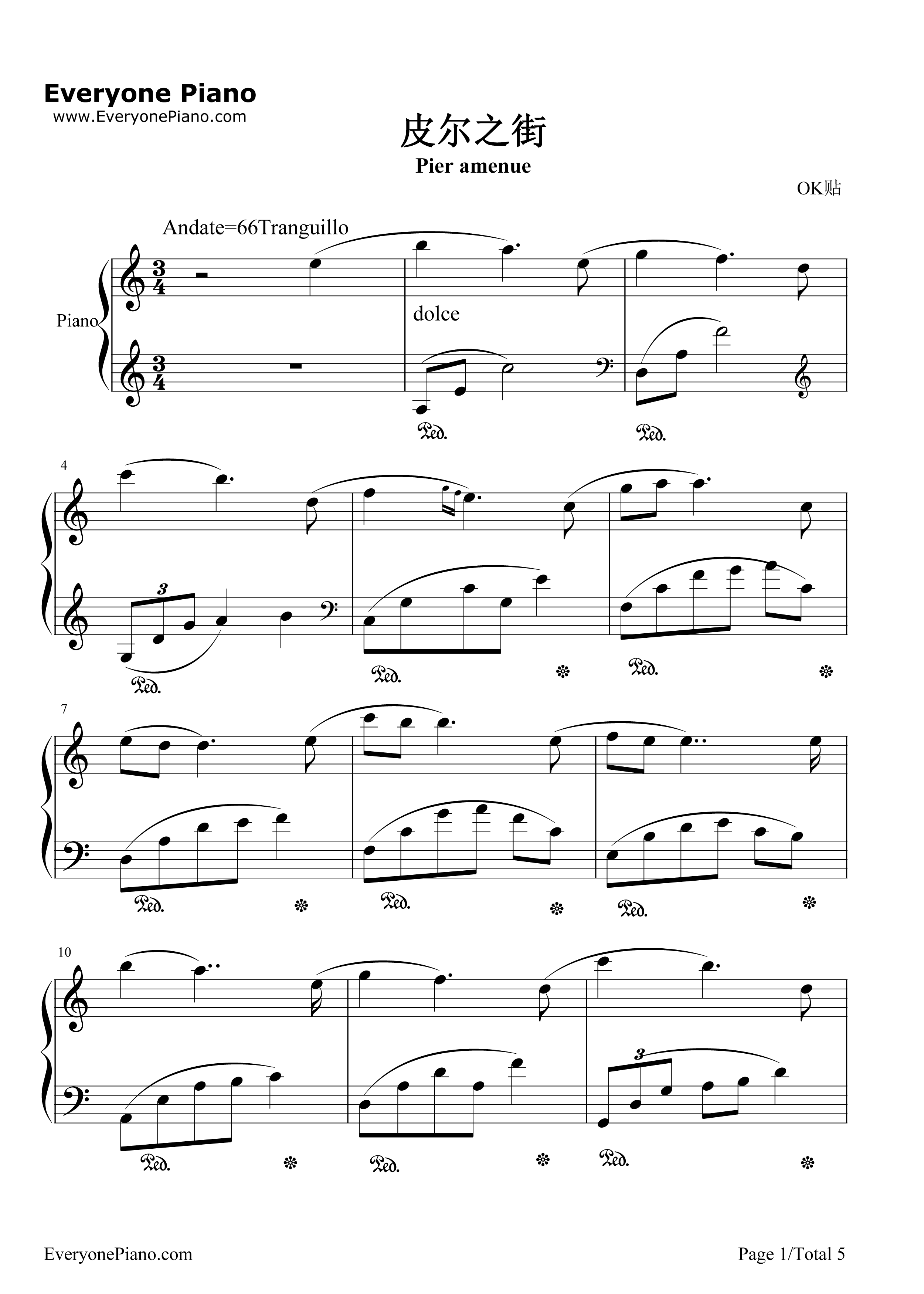 皮尔之街Pier_Amenue钢琴谱_班得瑞
