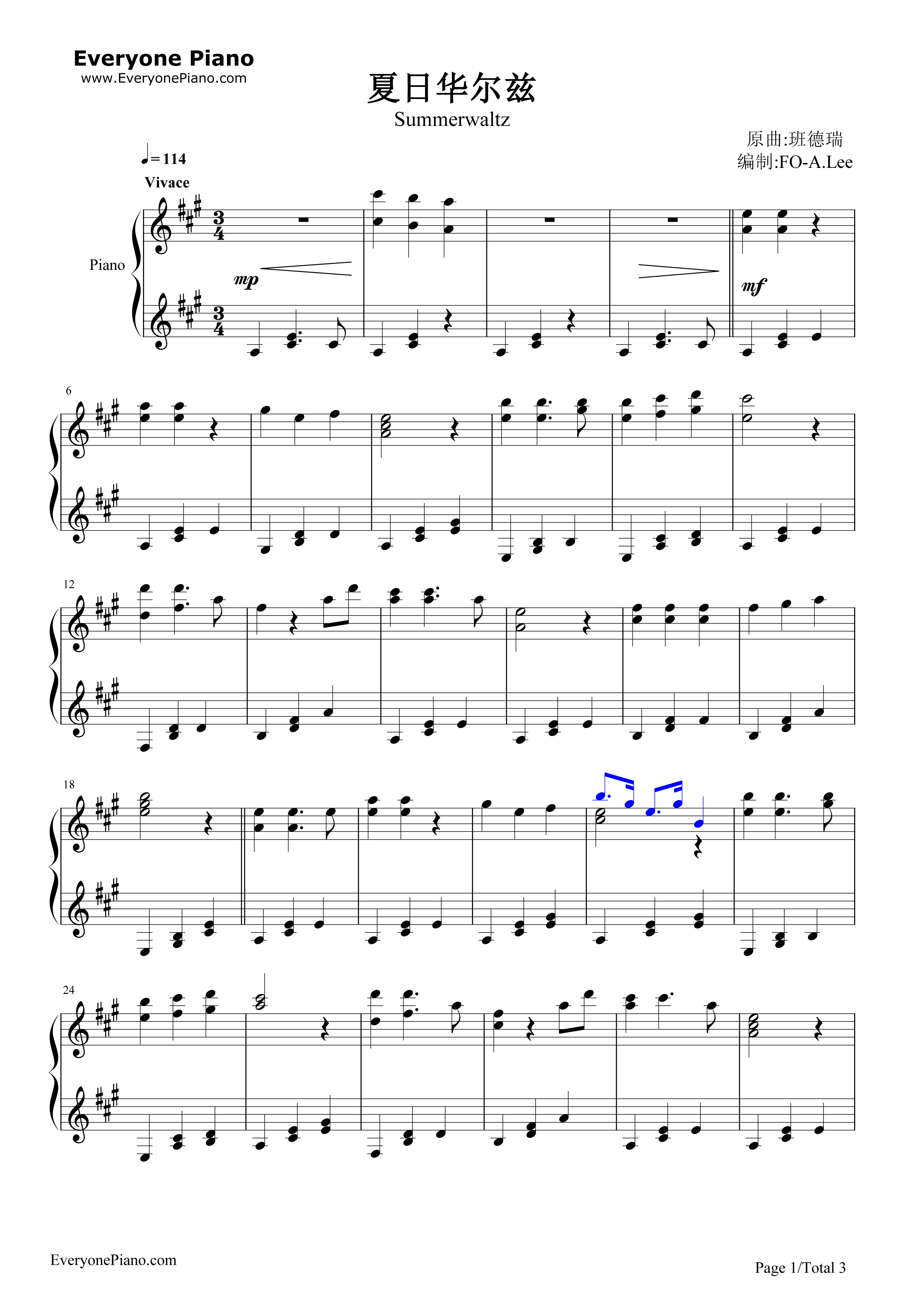 夏日华尔兹钢琴谱_班得瑞