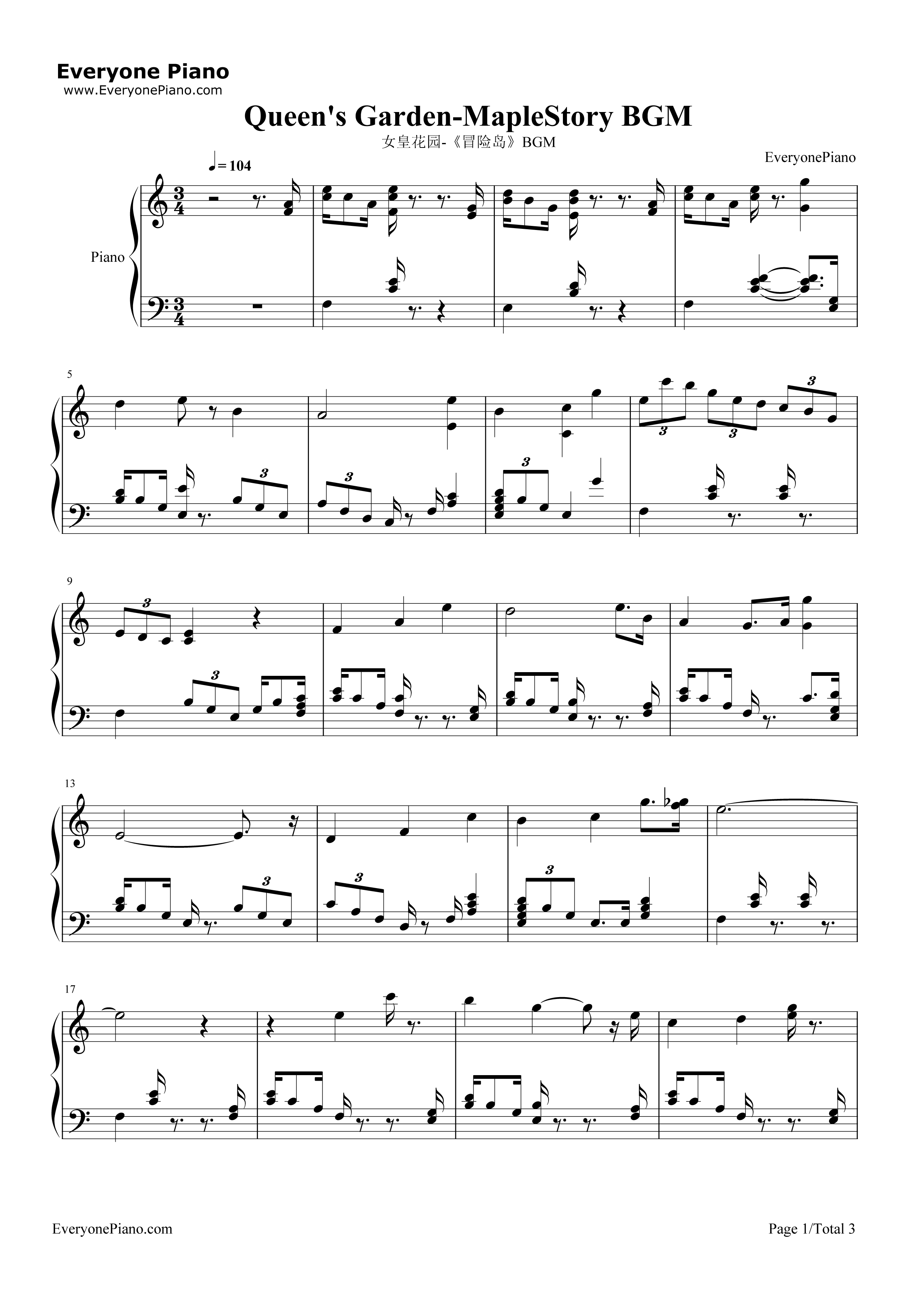女皇花园钢琴谱_Maple_Story