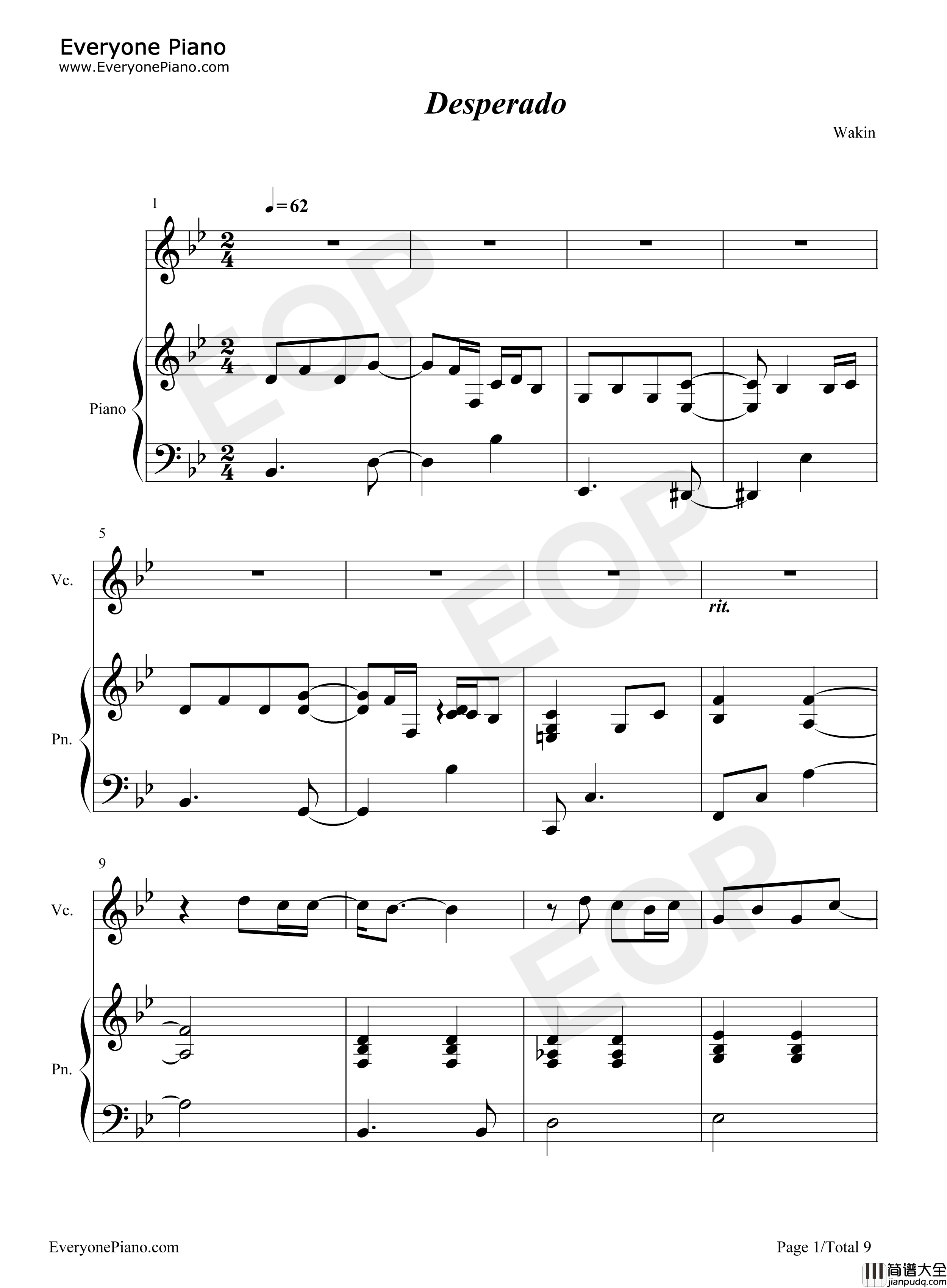 Desperado钢琴谱_老鹰乐队