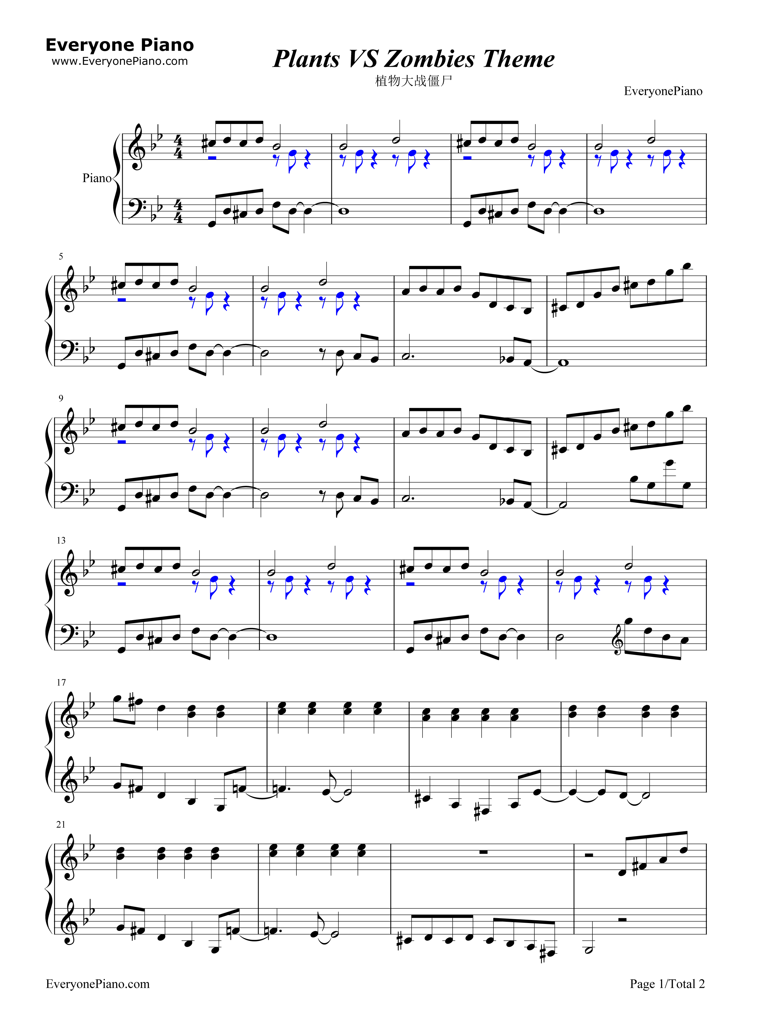 植物大战僵尸背景音乐钢琴版钢琴谱_未知