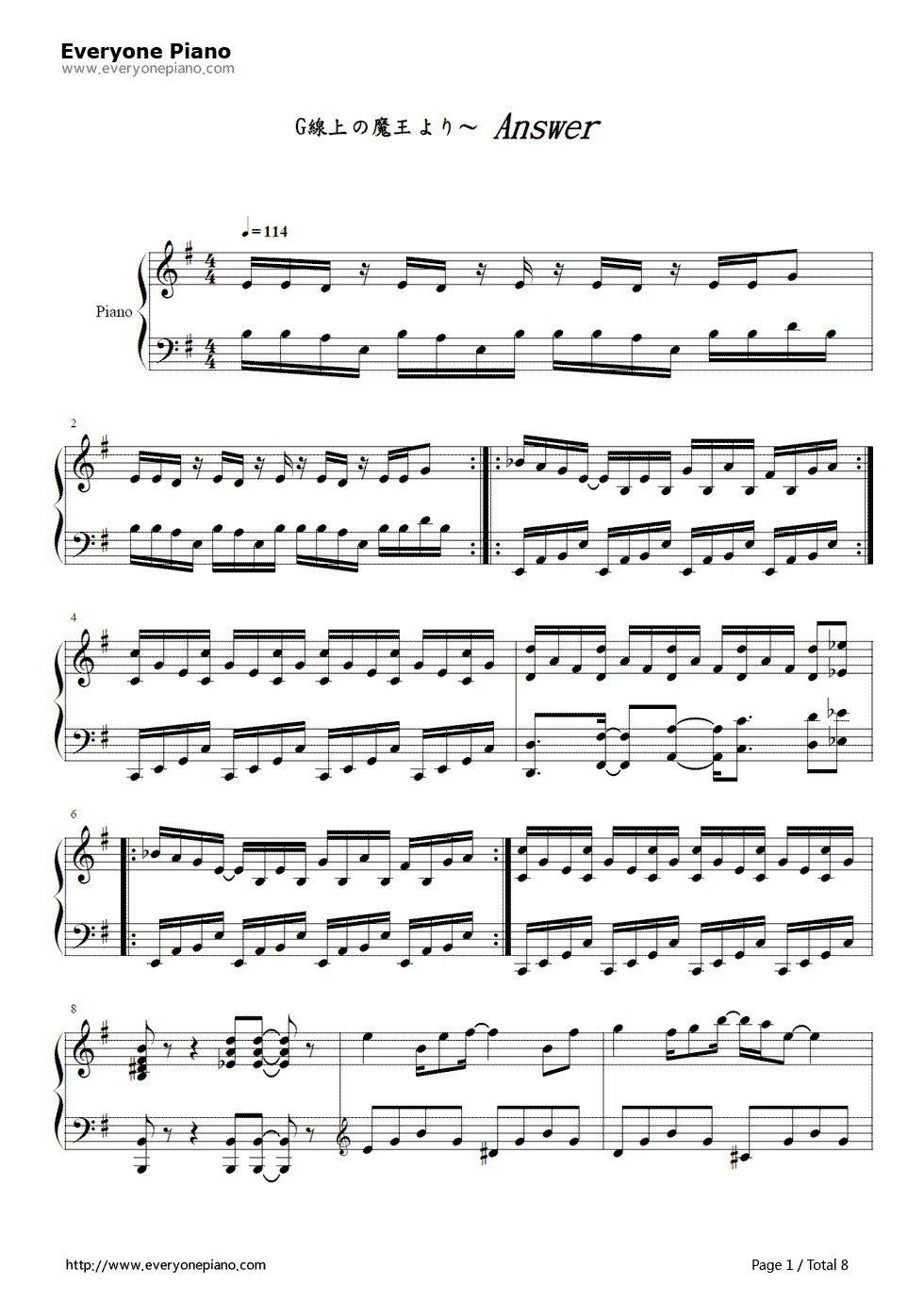 Answer钢琴谱_片霧烈火__Rekka_Katakiri