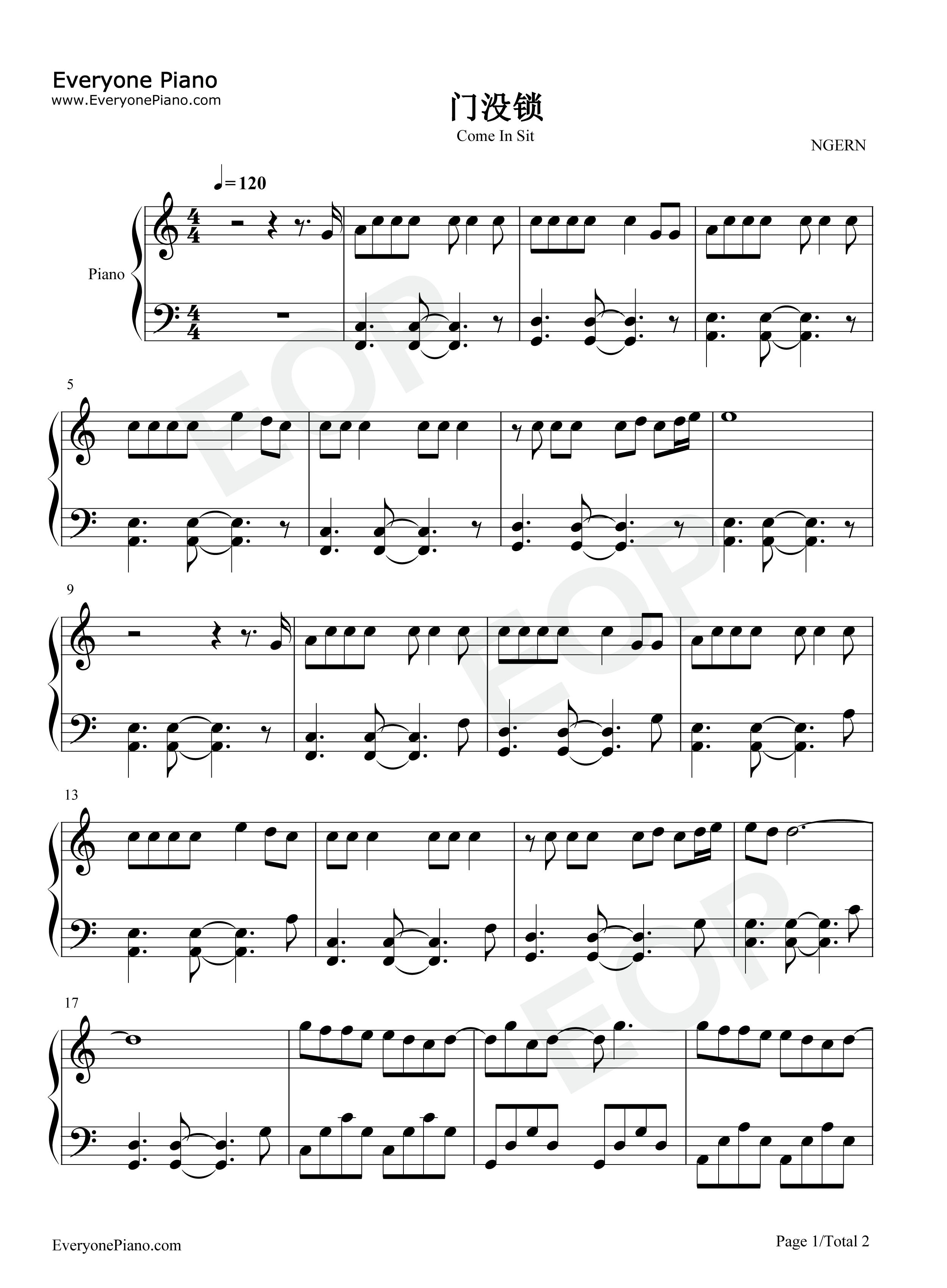 门没锁钢琴谱_品冠