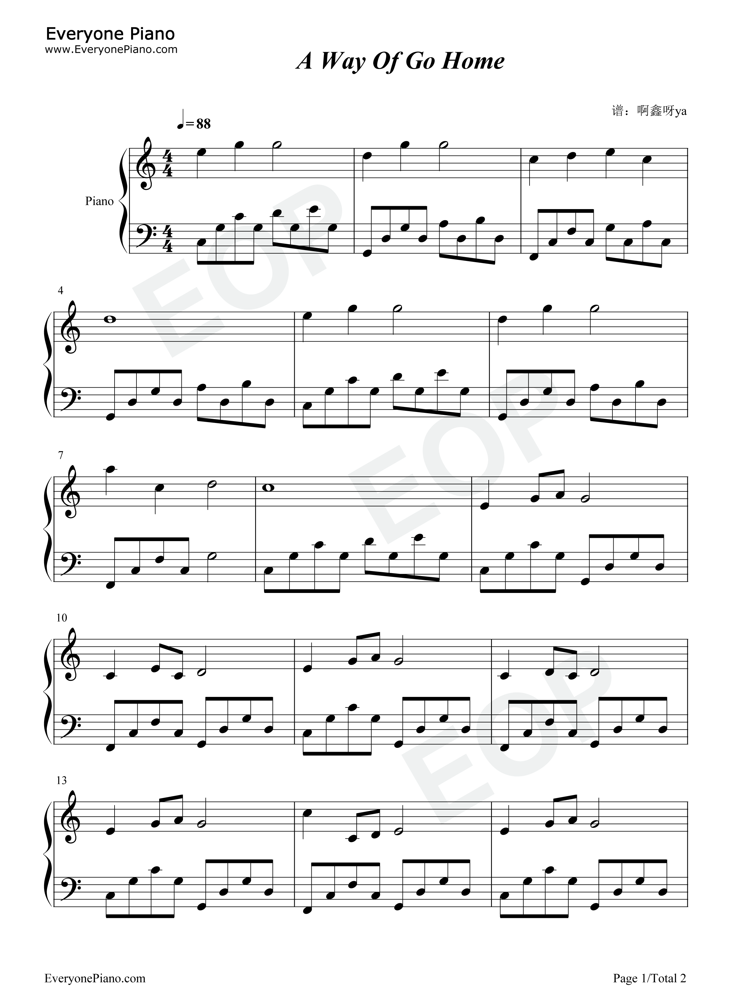 A_Way_Of_Go_Home钢琴谱_啊鑫呀ya