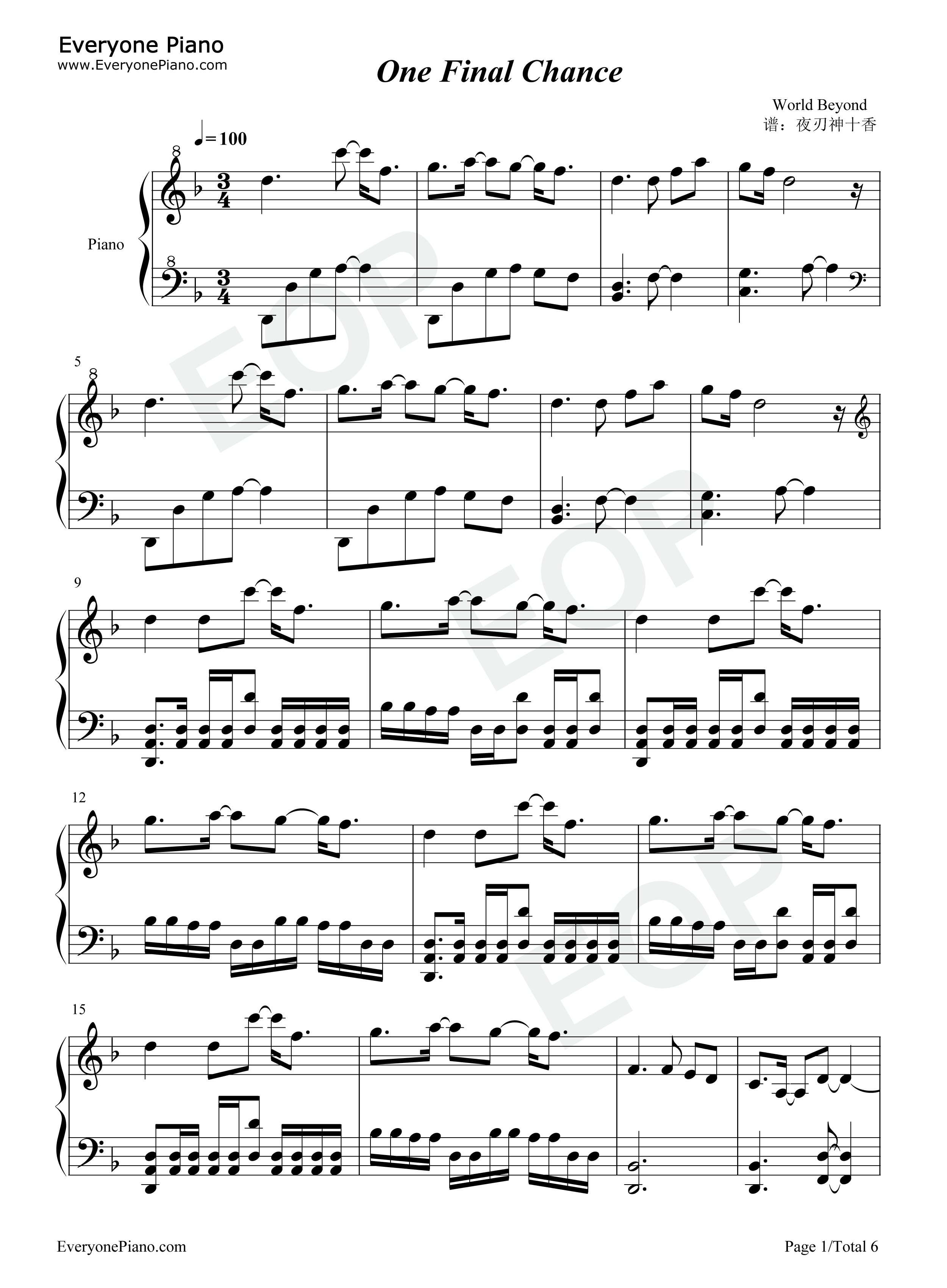 One_Final_Chance钢琴谱_World_Beyond