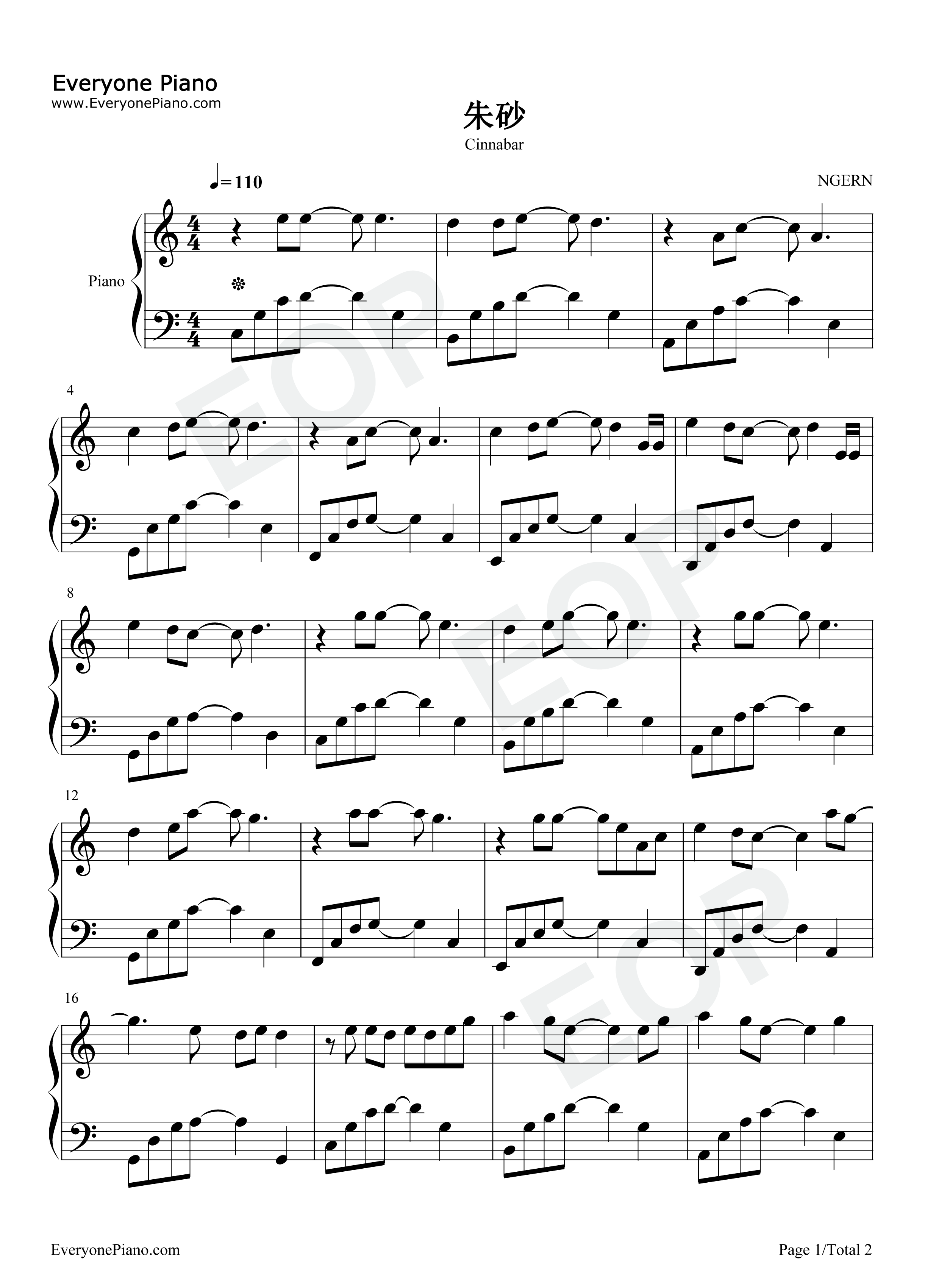 朱砂钢琴谱_任然_Xun