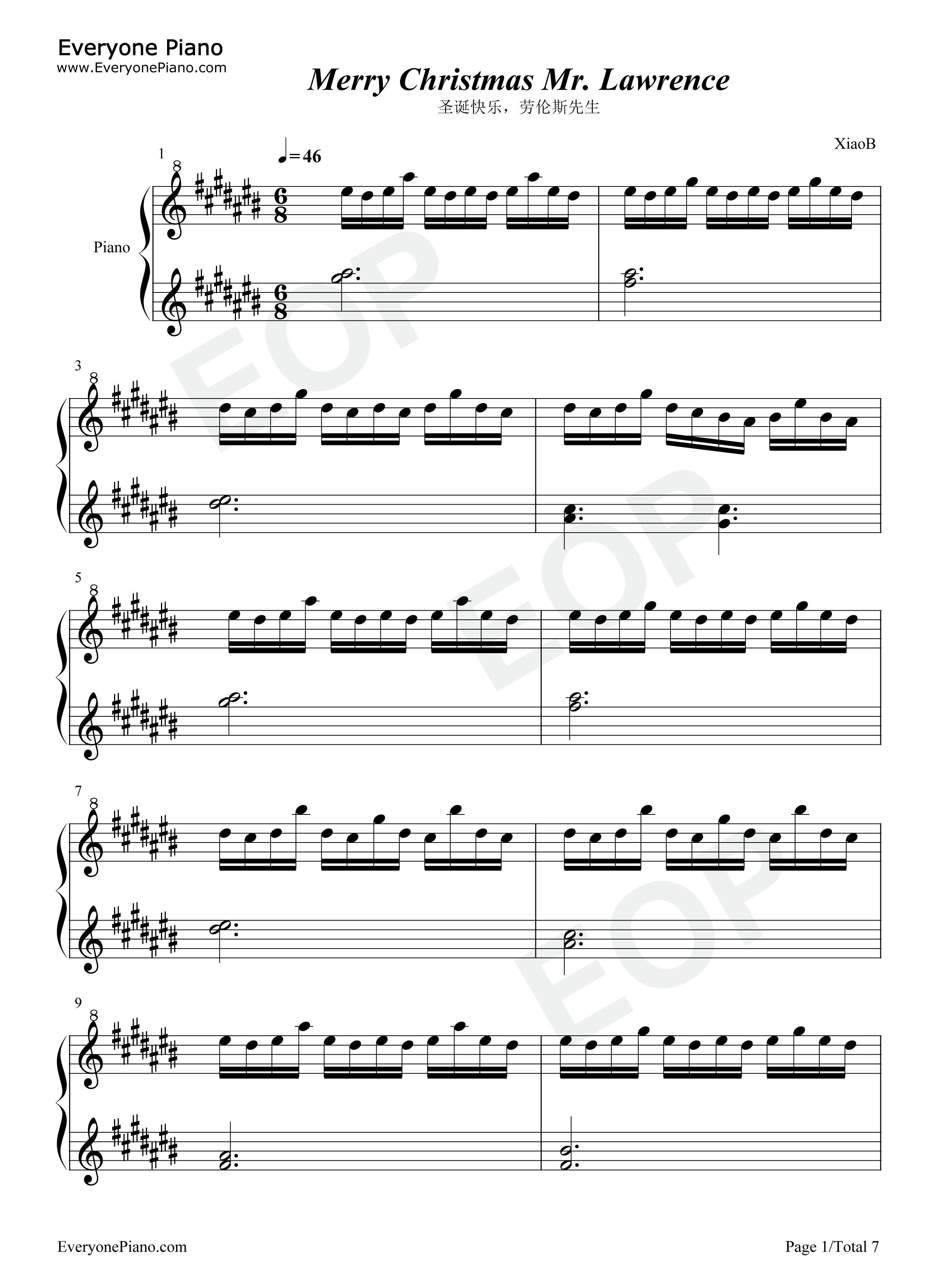 圣诞快乐劳伦斯先生钢琴谱_坂本龙一