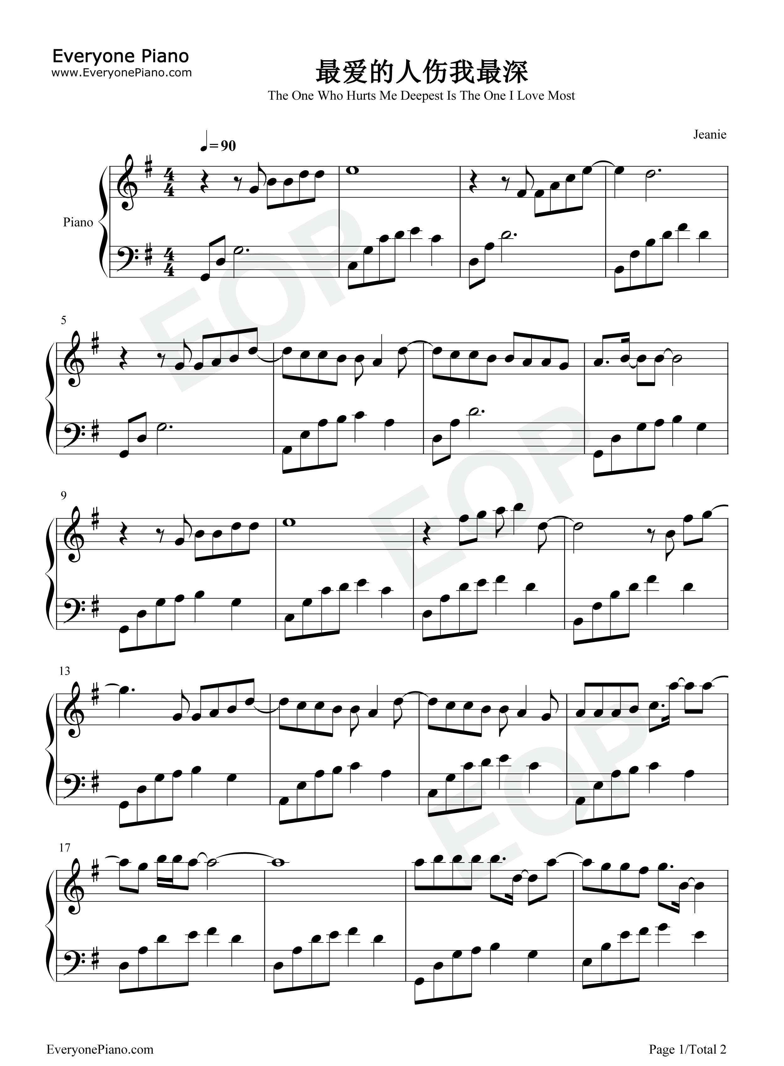 最爱的人伤我最深钢琴谱_张雨生_张惠妹