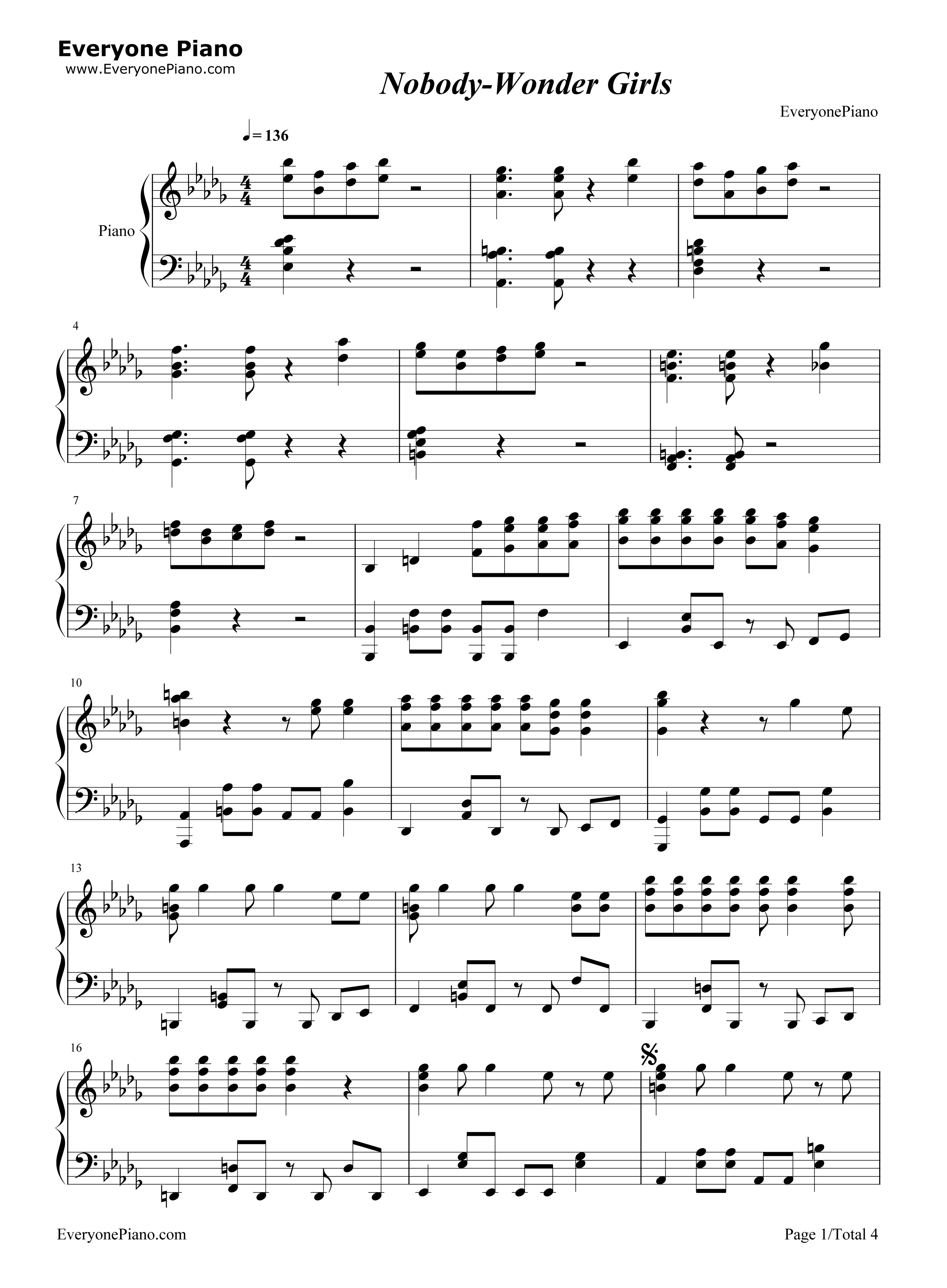 Nobody_钢琴谱_Wonder_Girls