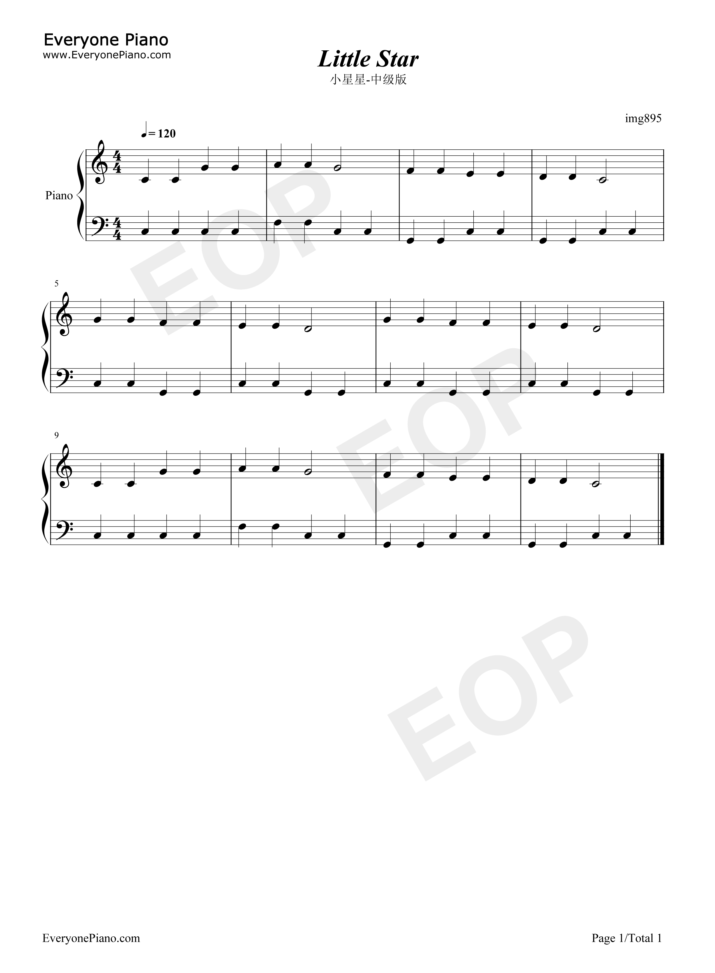 小星星中级版钢琴谱_法国民谣