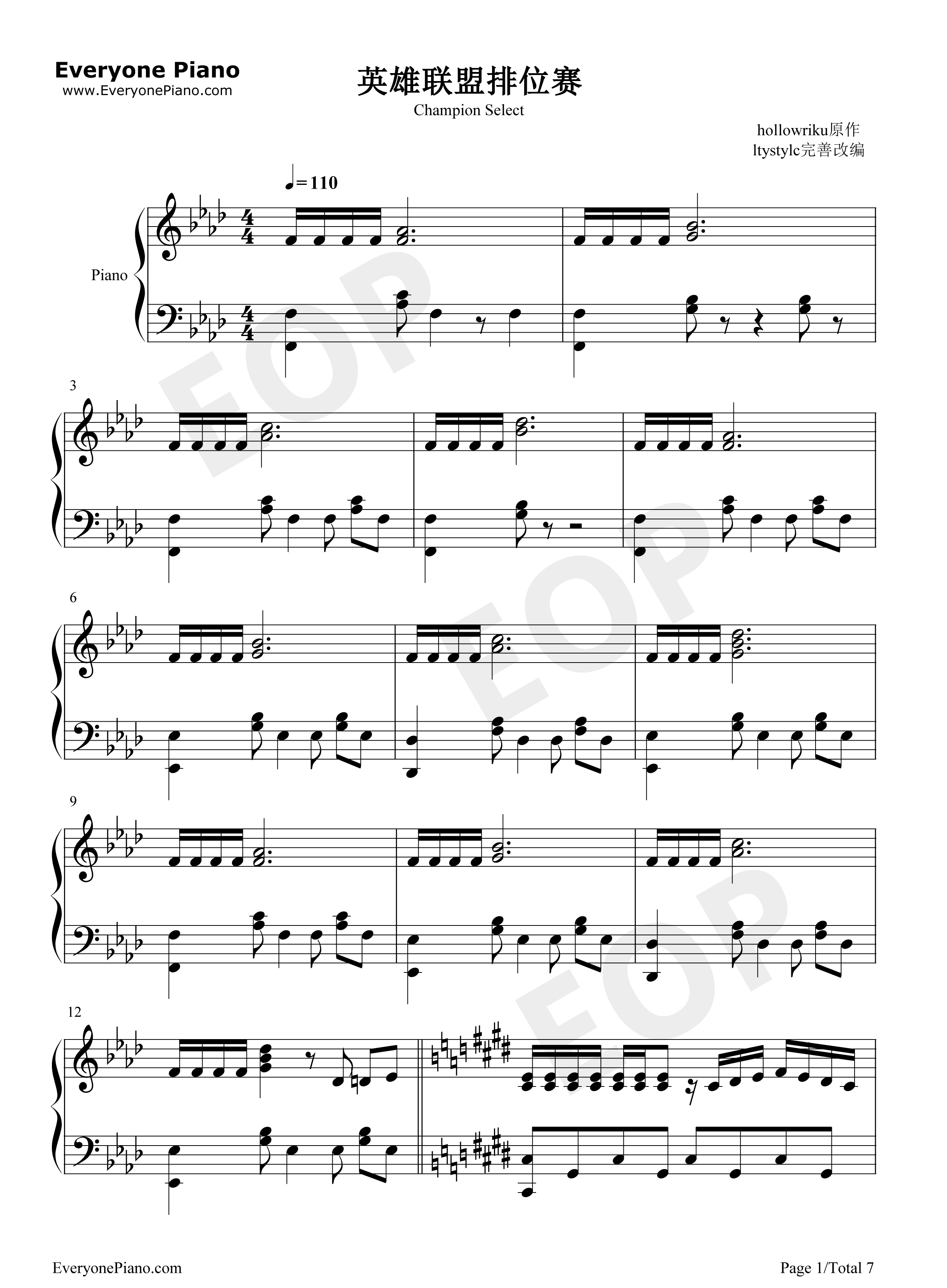 Champion_Select（英雄联盟排位音乐）钢琴谱_League_of_Legends