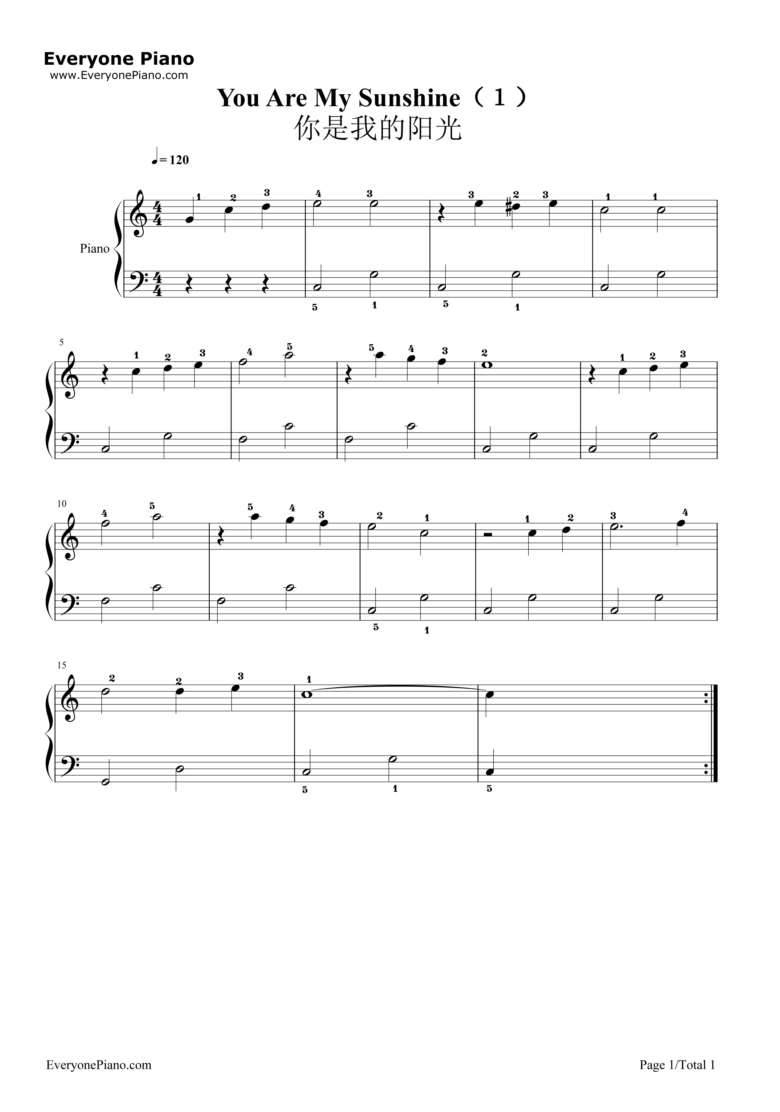 You_Are_My_Sunshine超简单版钢琴谱_Jimmie_Davis