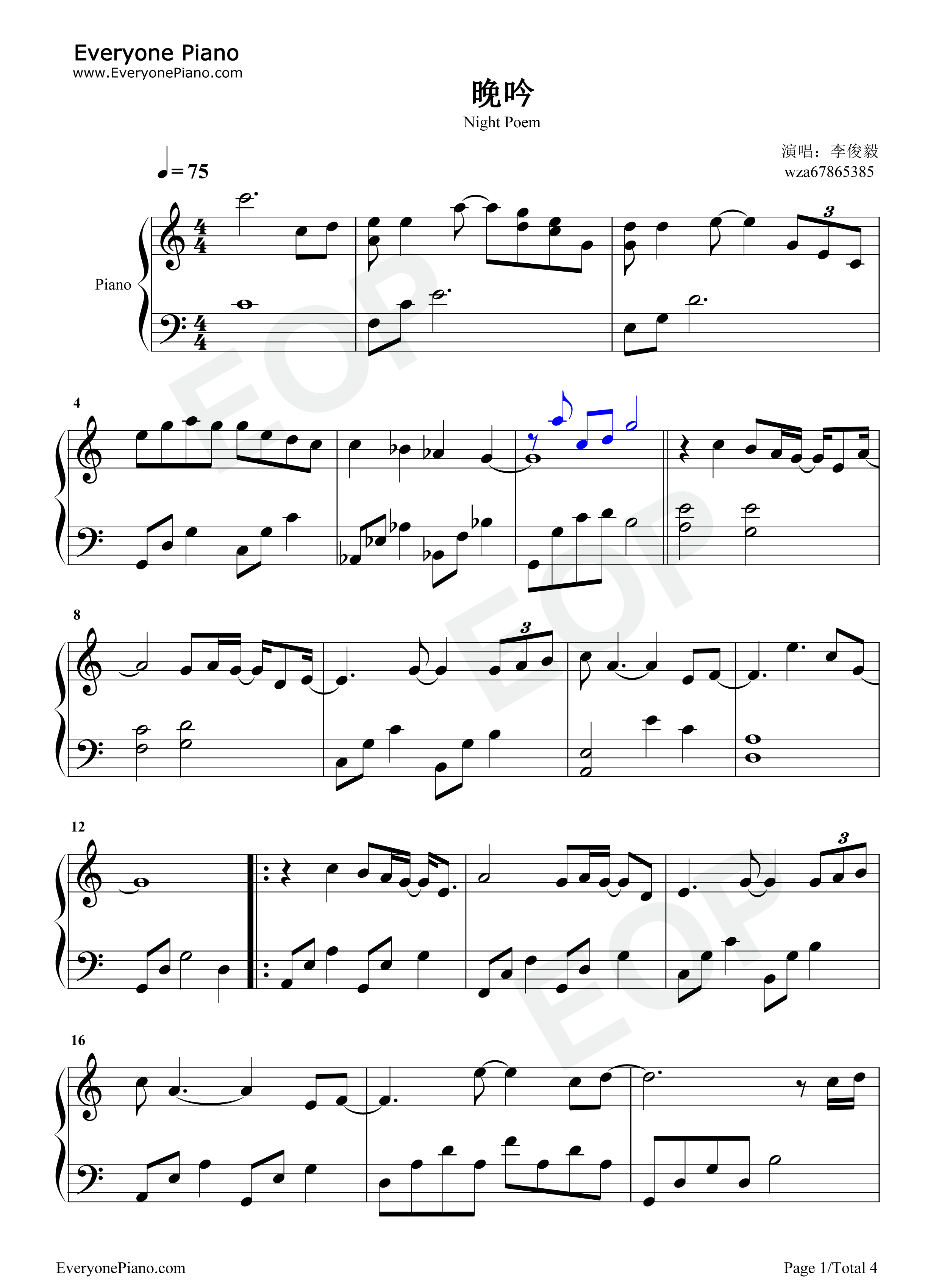 晚吟钢琴谱_李俊毅