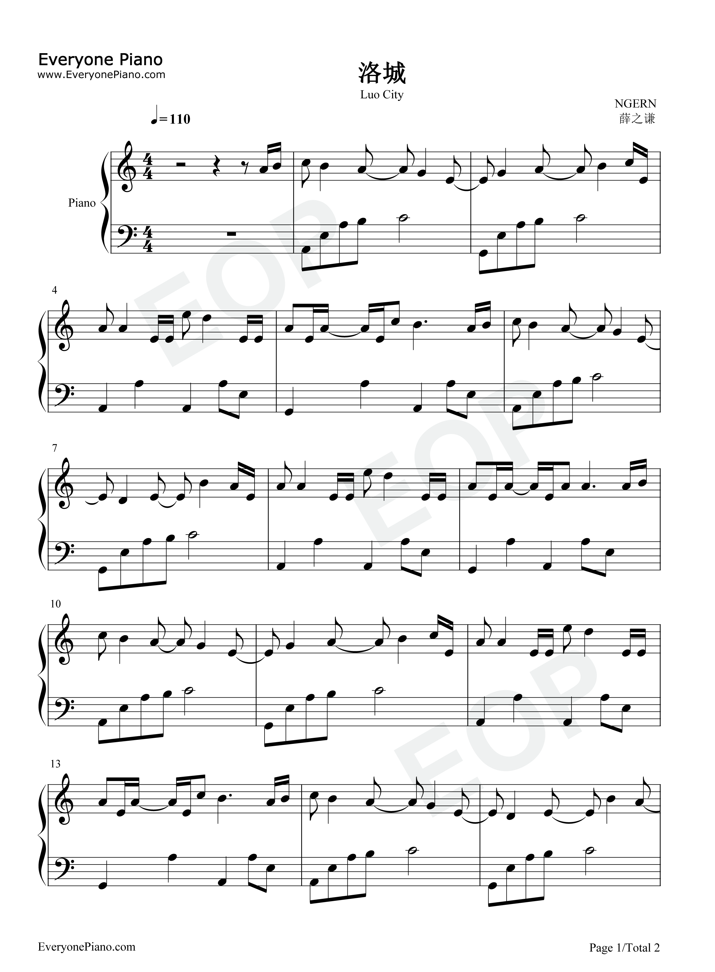 洛城钢琴谱_薛之谦