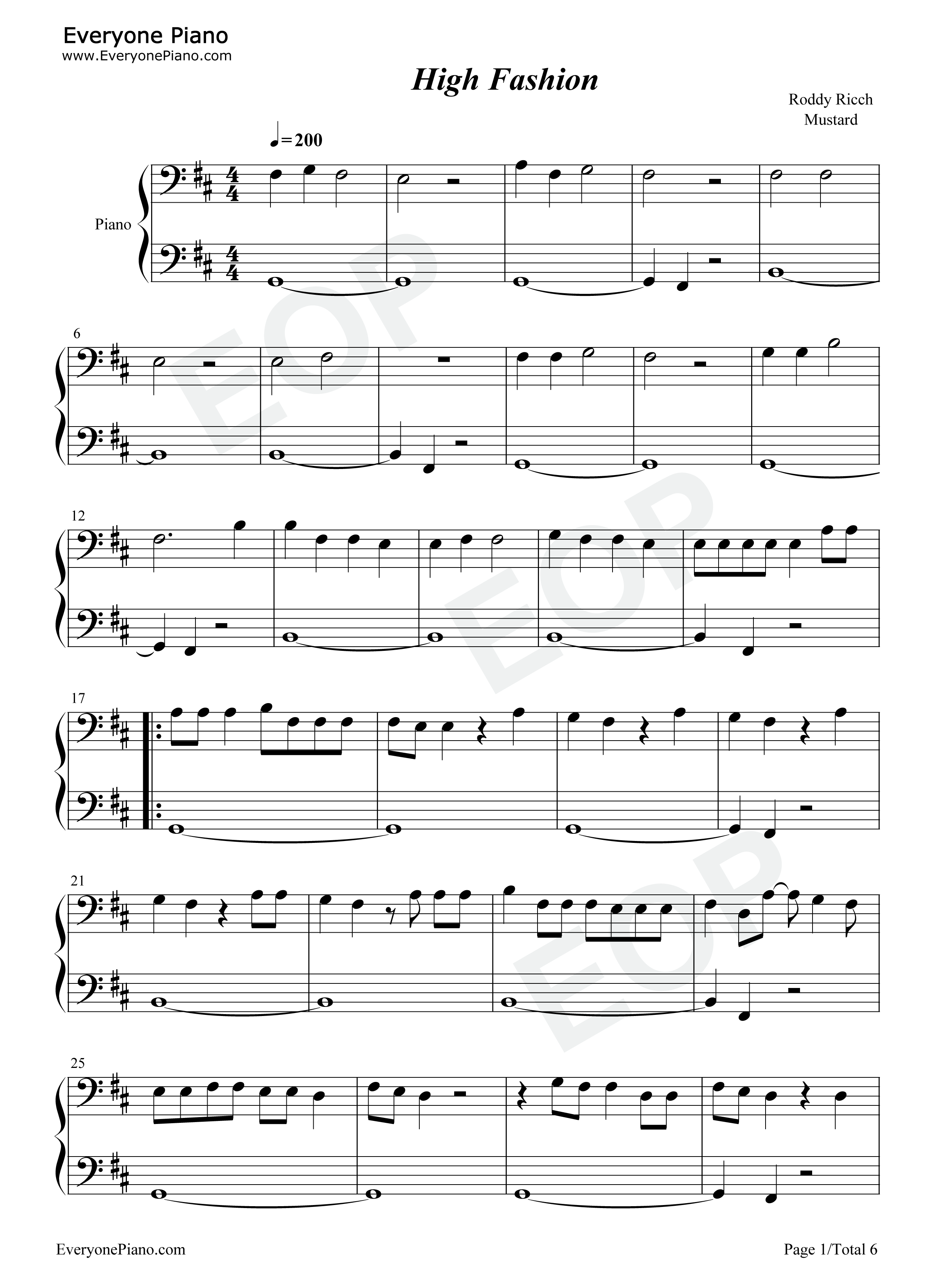 High_Fashion钢琴谱_Roddy_Ricch_Mustard