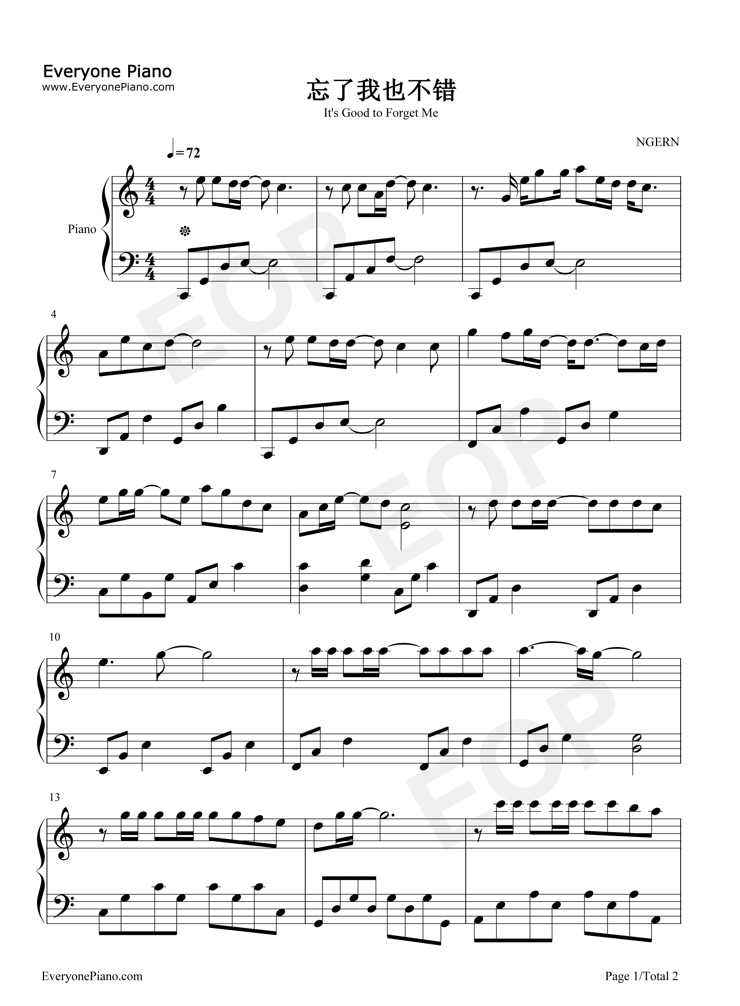 忘了我也不错钢琴谱_王心凌