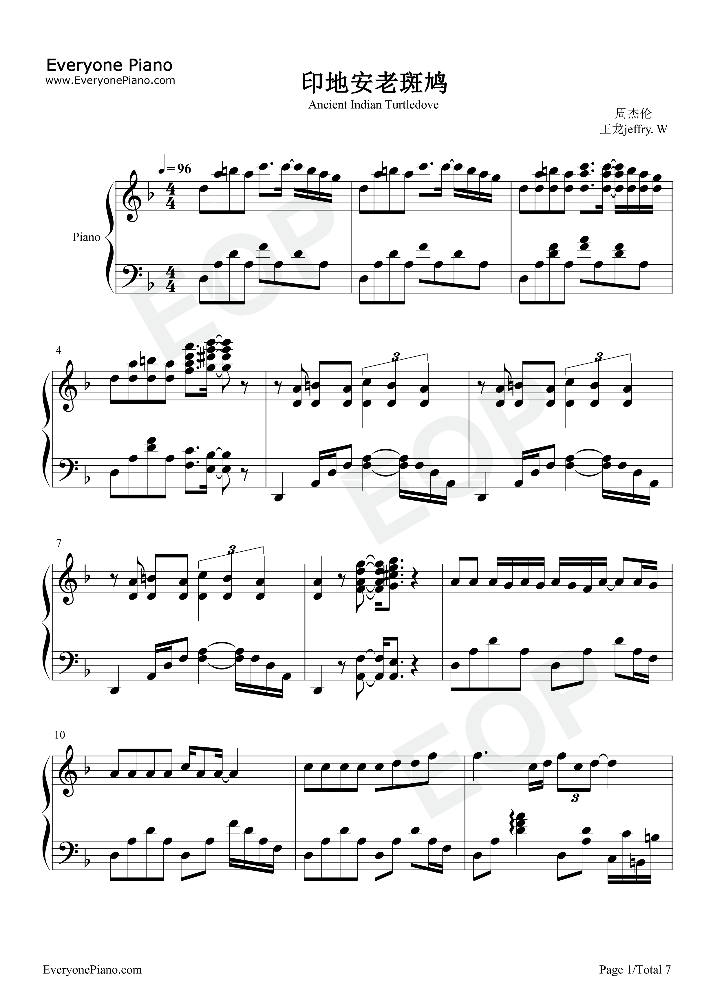 印地安老斑鸠钢琴谱_周杰伦