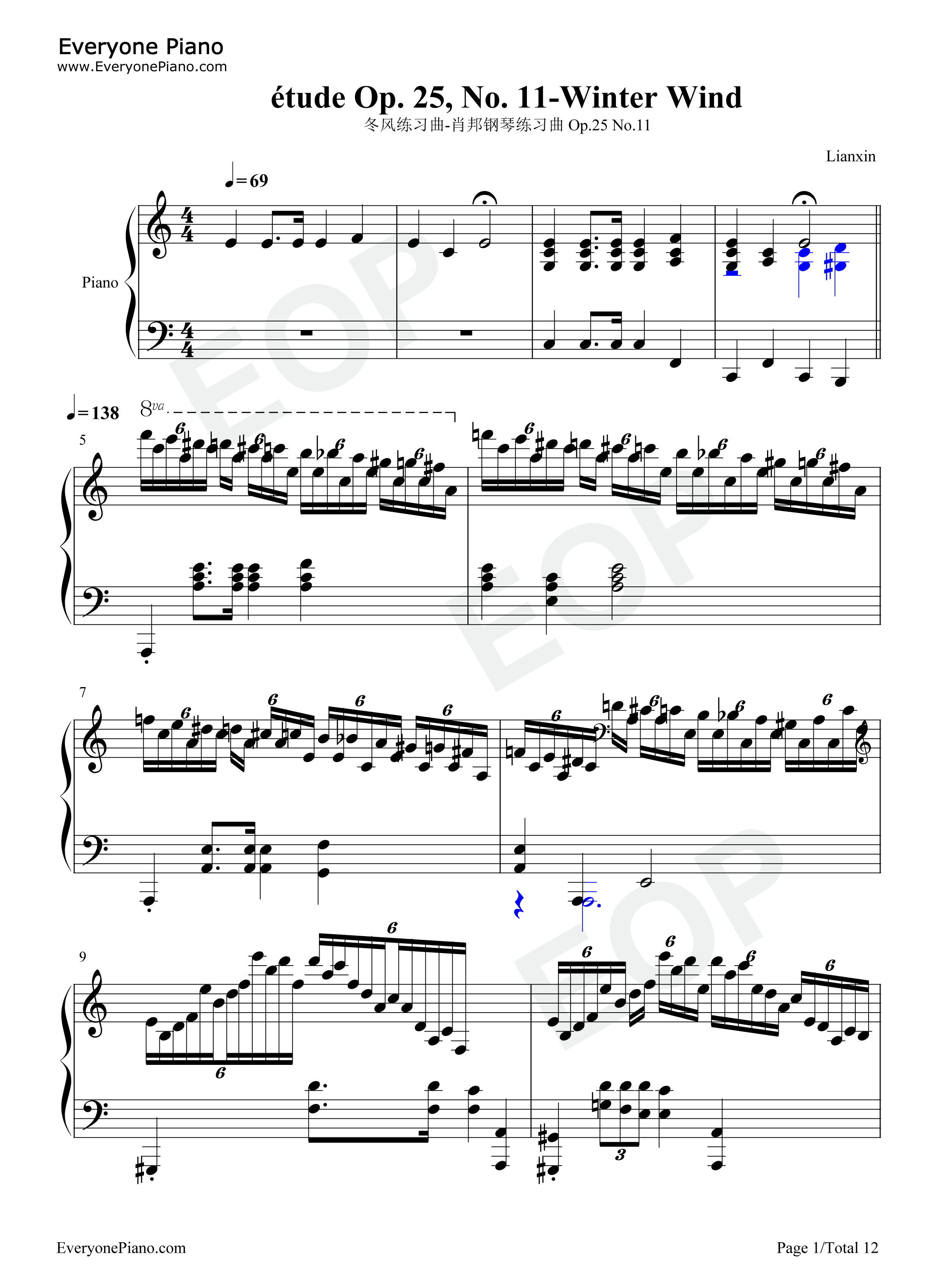 冬风练习曲钢琴谱_肖邦