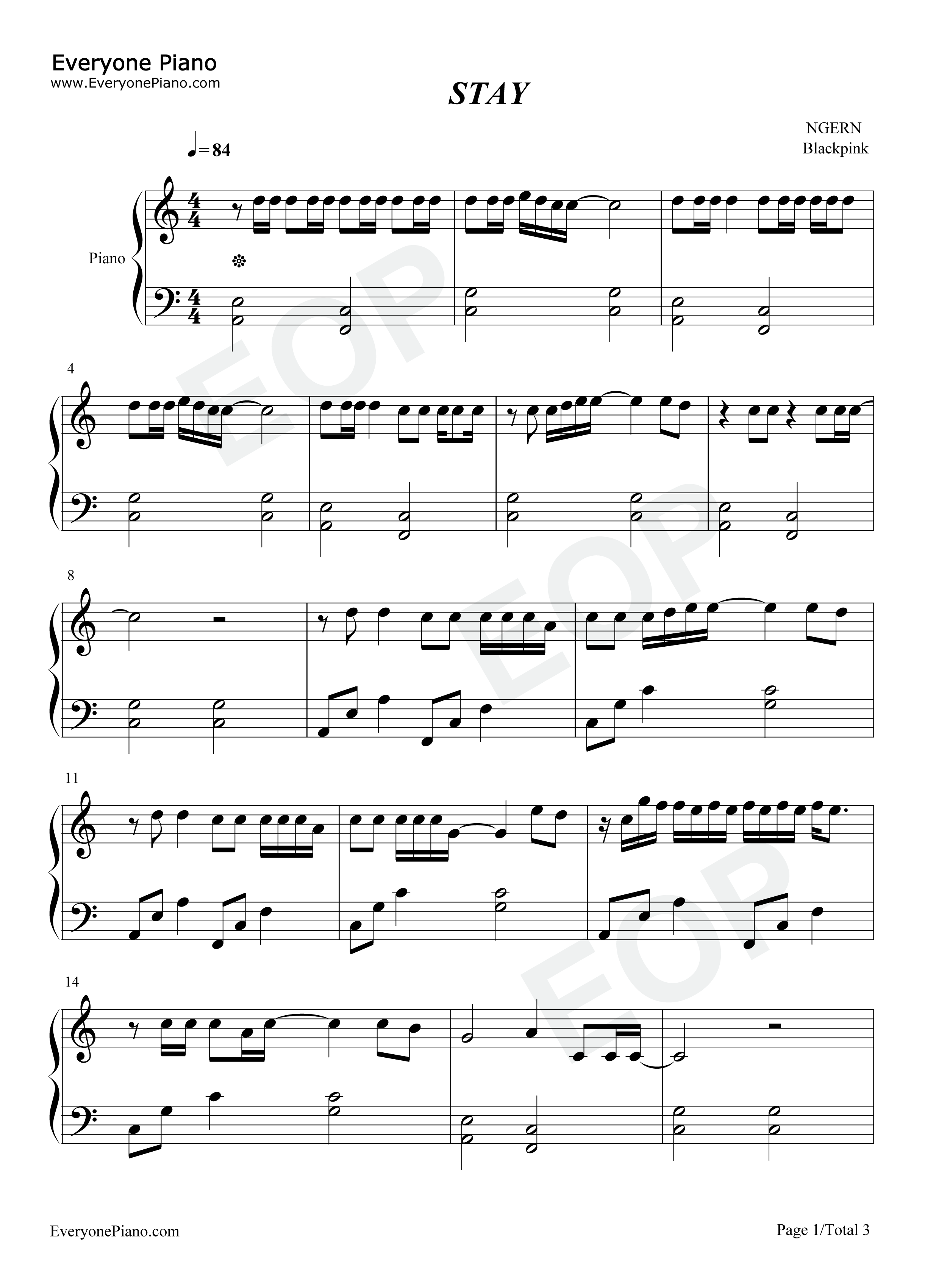 Stay钢琴谱_Blackpink