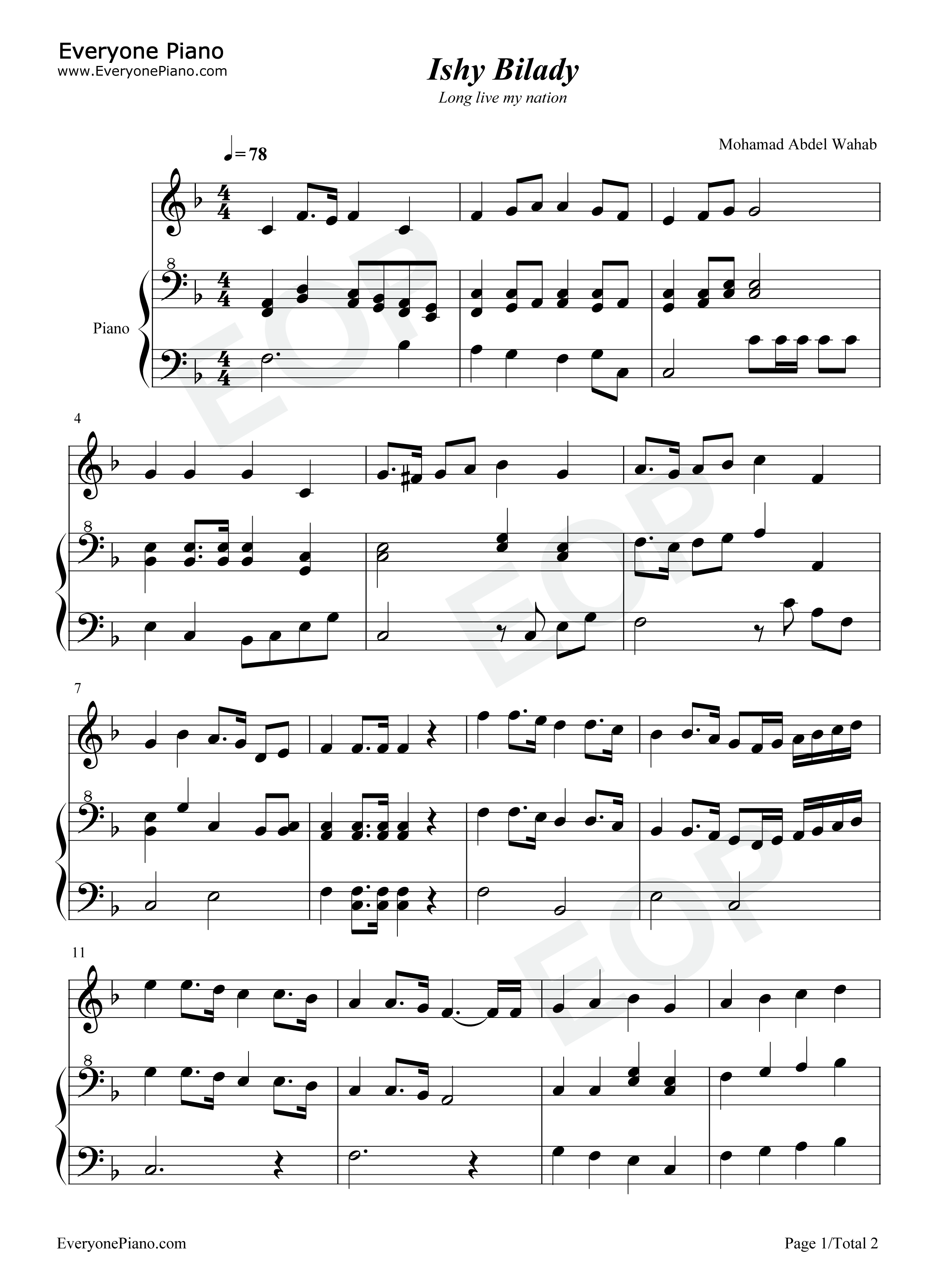 Ishy_Bilady钢琴谱_Mohammed_Abdel_Wahab