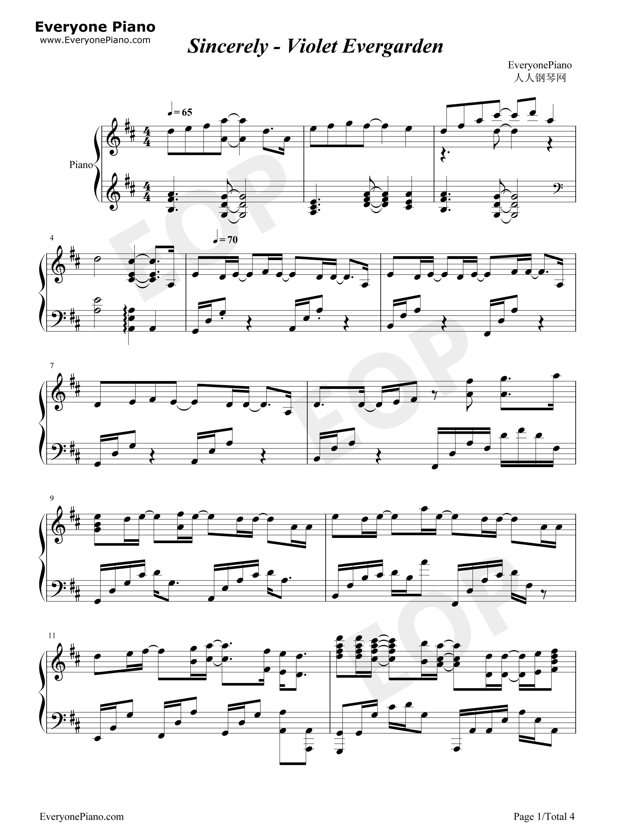 Sincerely钢琴谱_TRUE
