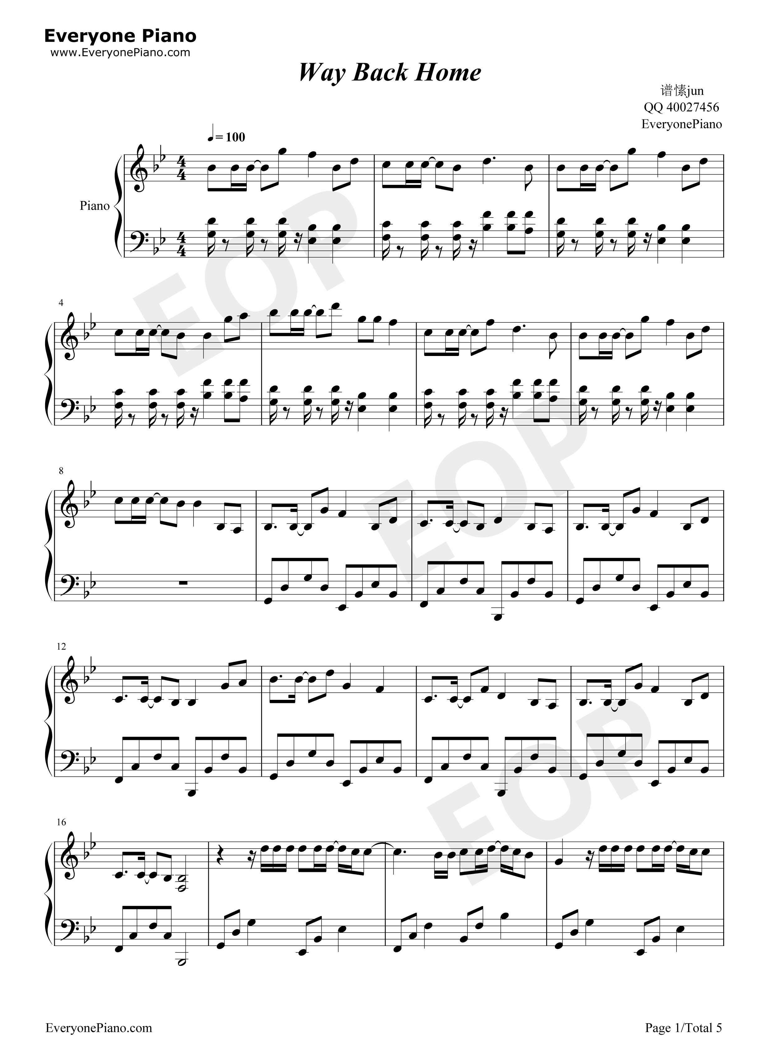 Way_Back_Home钢琴谱_SHAUN