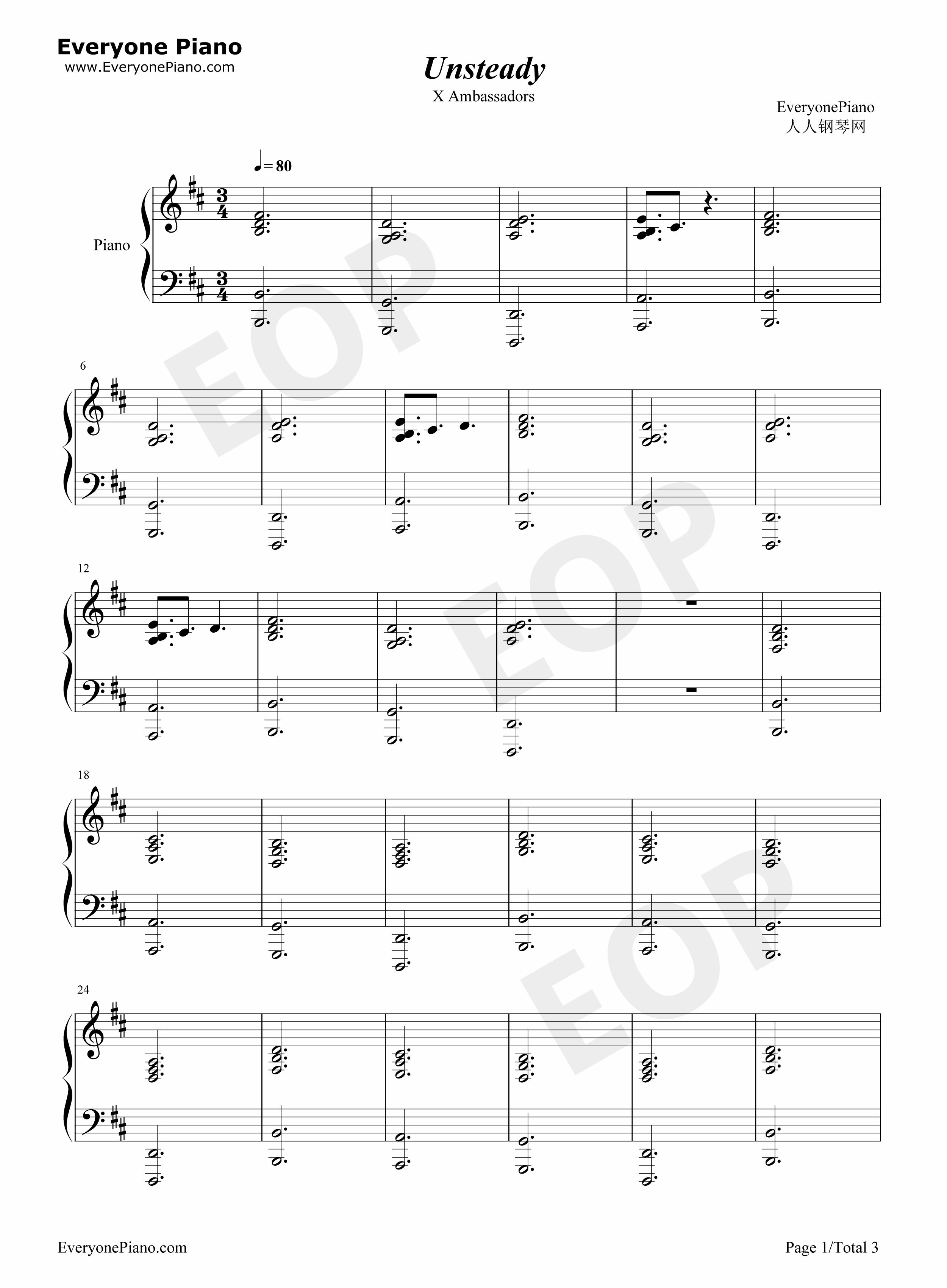 Unsteady钢琴谱_X_Ambassadors