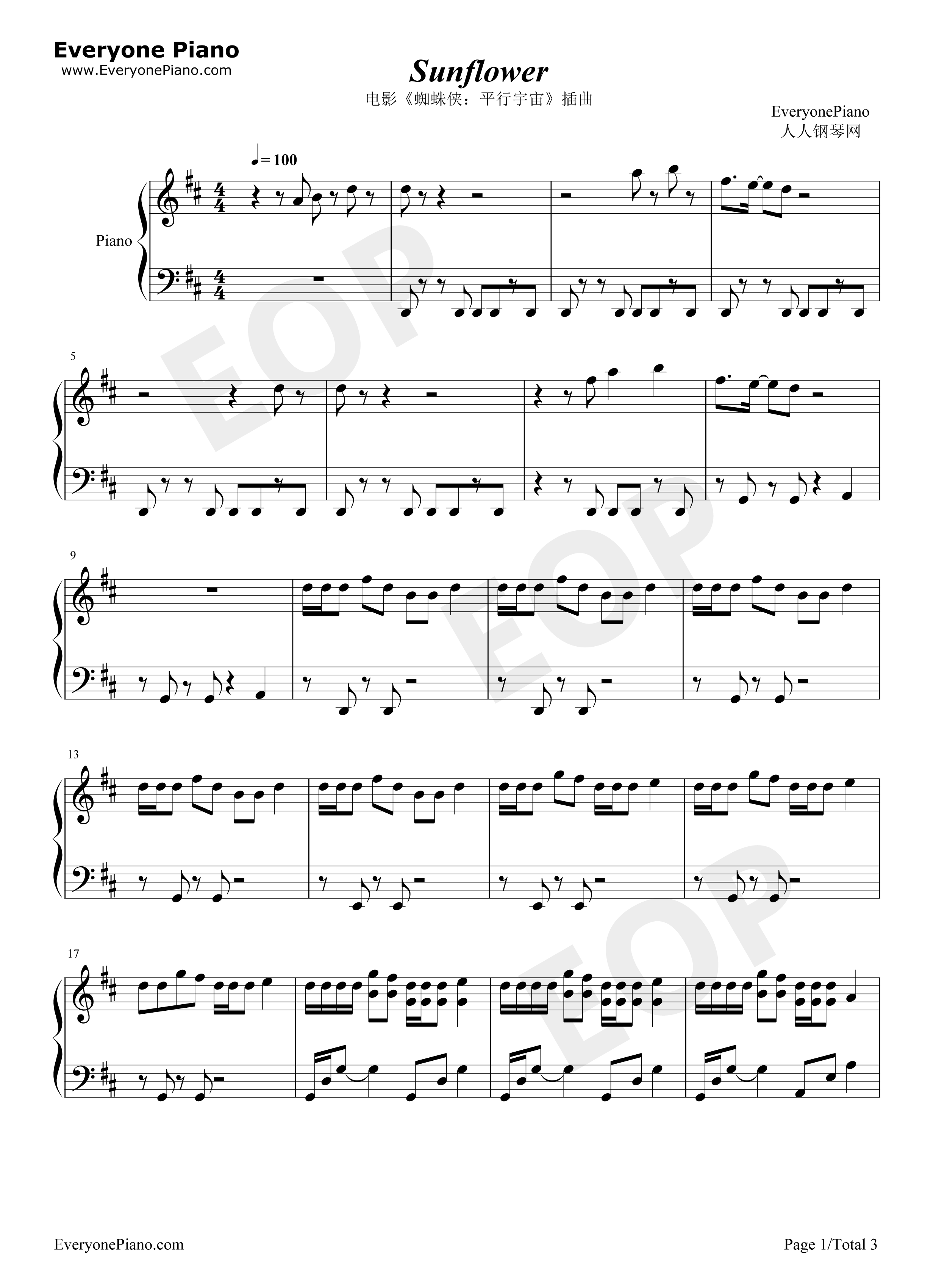 Sunflower钢琴谱_Post_Malone_Swae_Lee