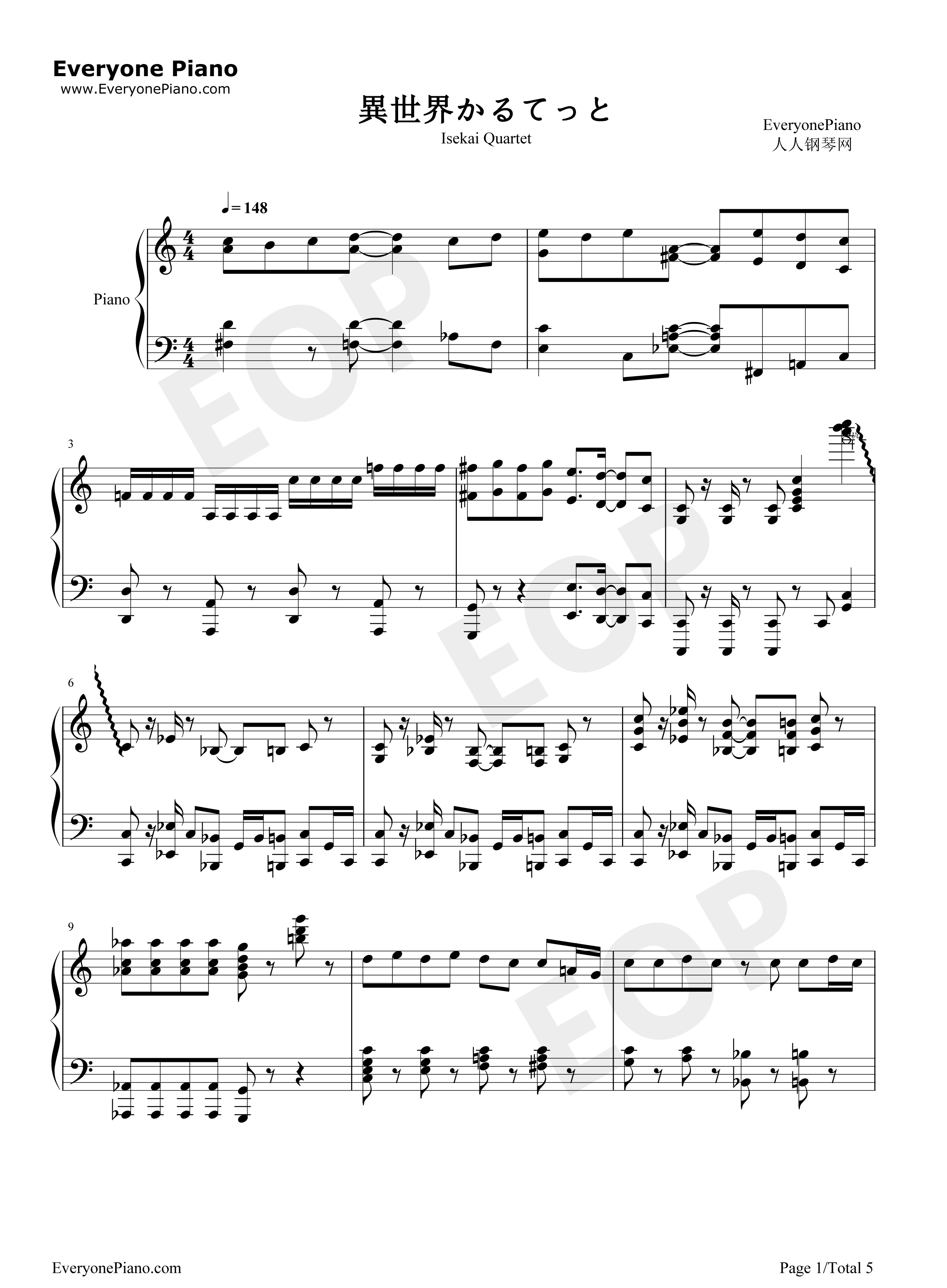 異世界かるてっと钢琴谱_日野聪_福岛润_小林裕介_悠木碧