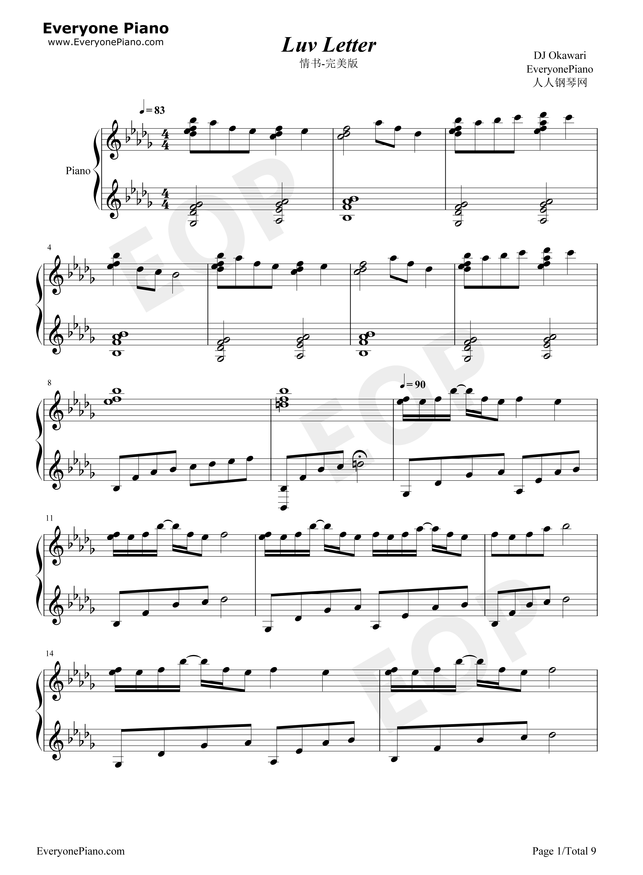 情书钢琴谱_DJ_Okawari