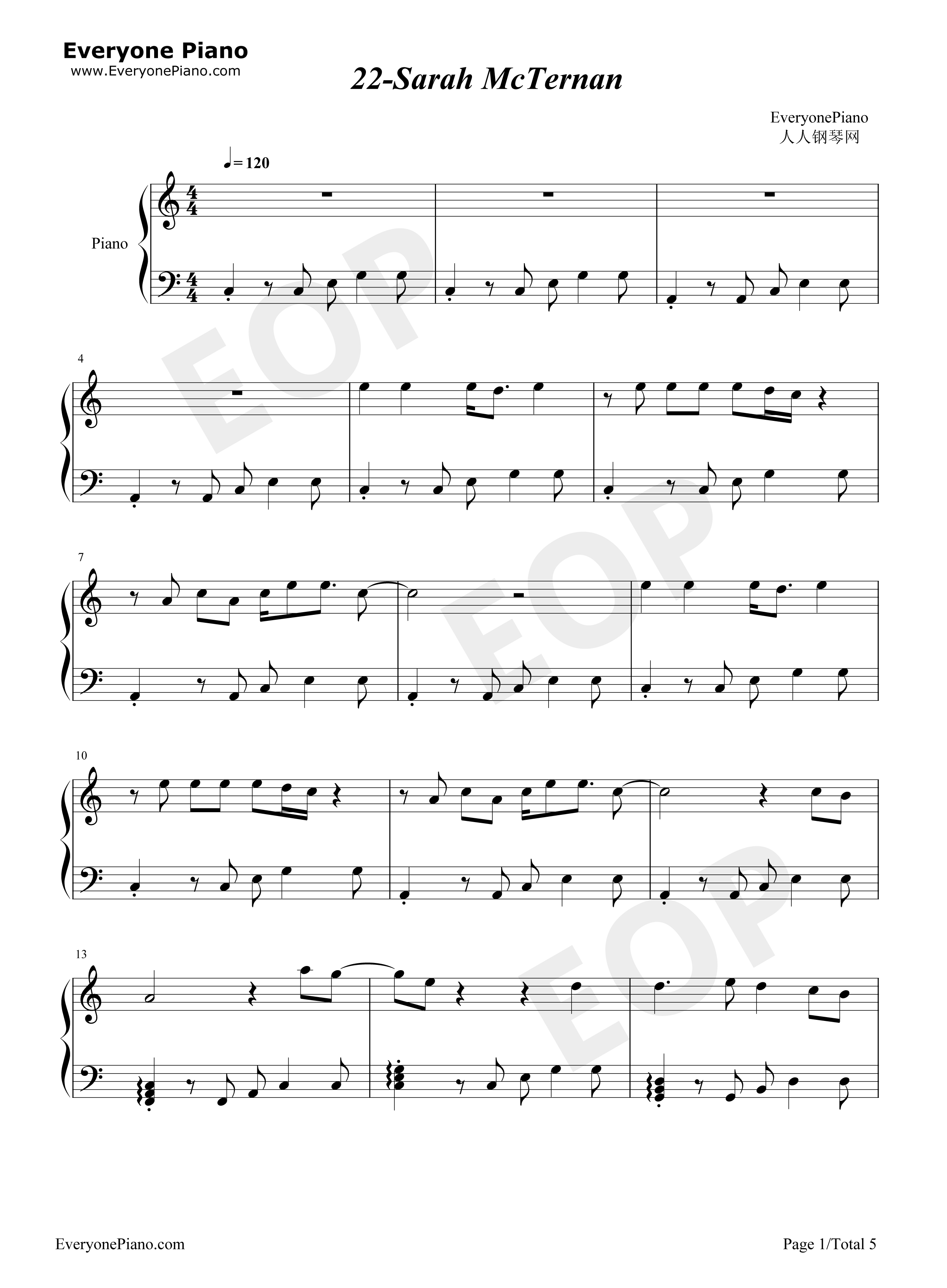 22钢琴谱_Sarah_McTernan