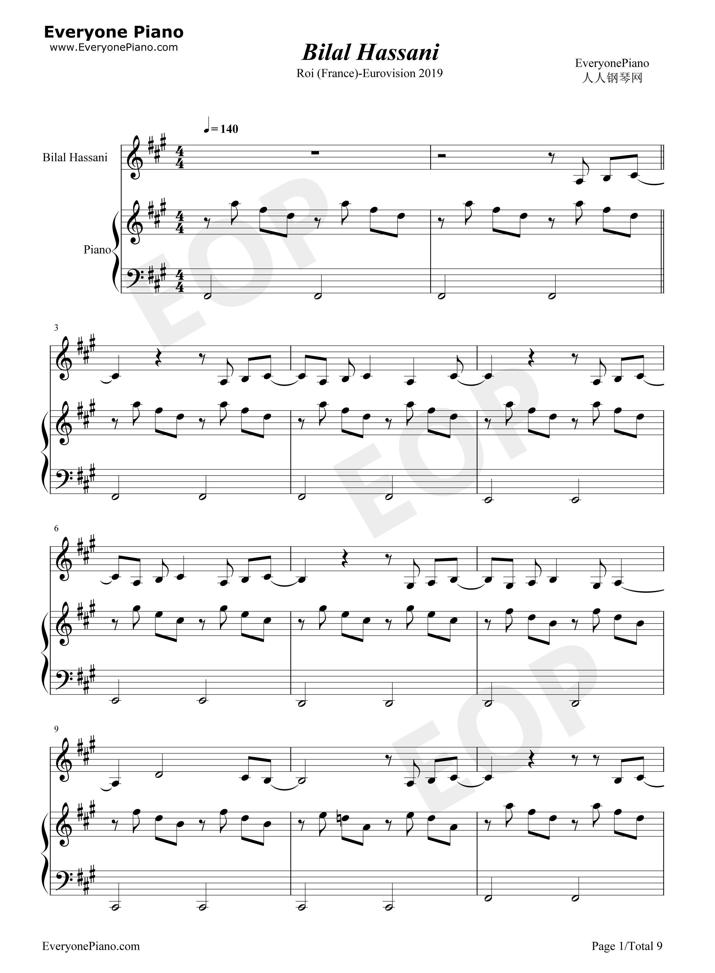 Roi钢琴谱_Bilal_Hassani