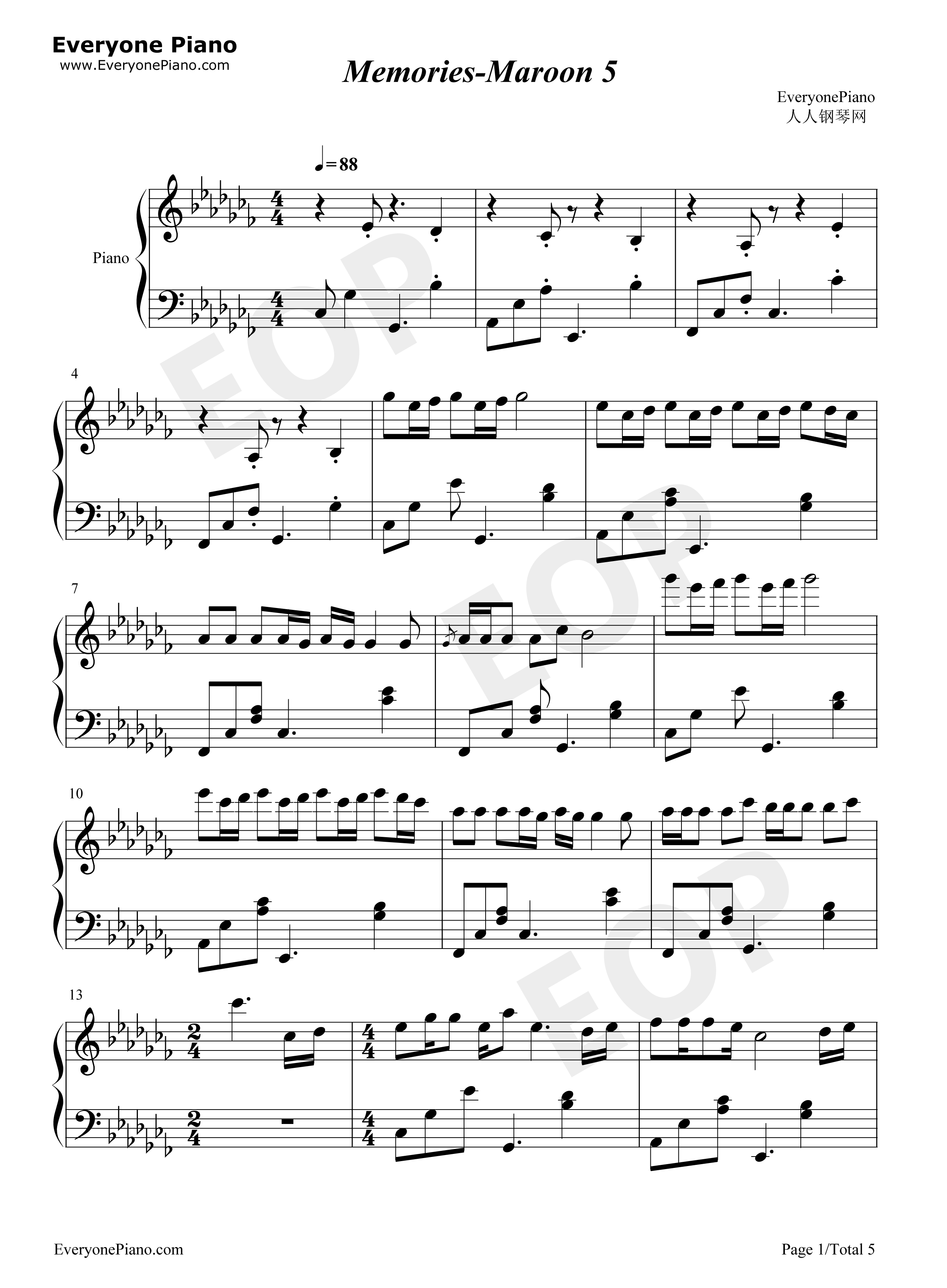 Memories钢琴谱_Maroon_5