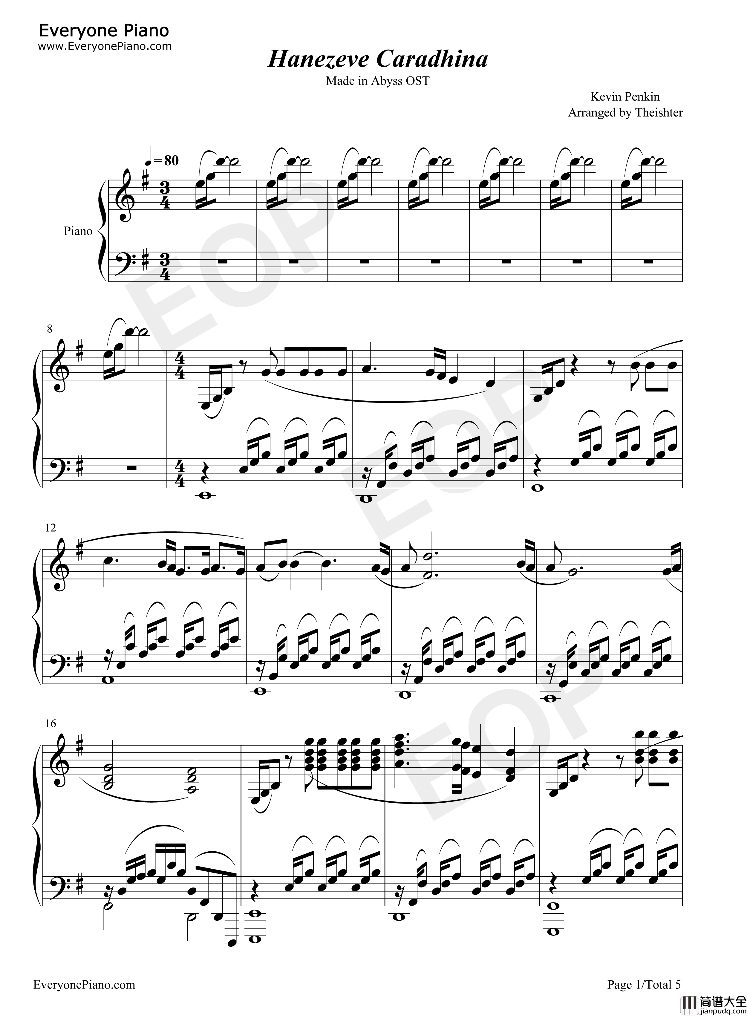 Hanezeve_Caradhina钢琴谱_Kevin_Penkin