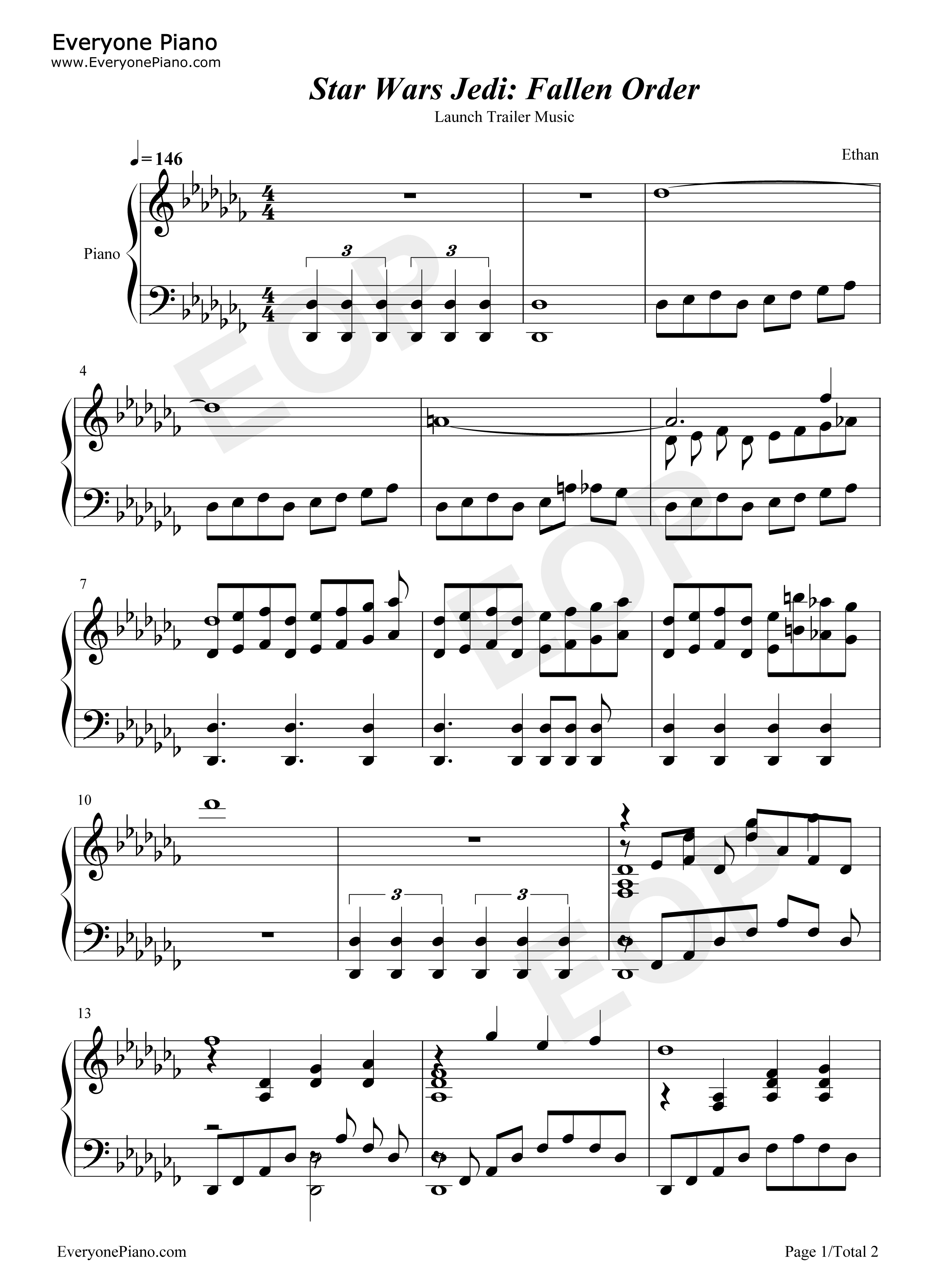 星球大战绝地陨落的武士团钢琴谱_Stephen_Barton